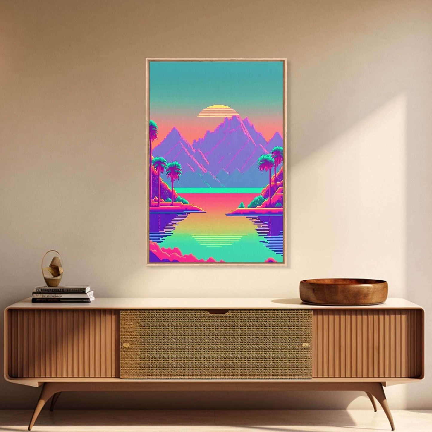 Retro Vaporwave Aesthetic Pixel Art Sunset, Turquoise and Pink Fantasy Landscape Art, Gamer Decor, Game Room Art - 8x12 Inches / Gallery Wrap Canvas - Ready To Hang