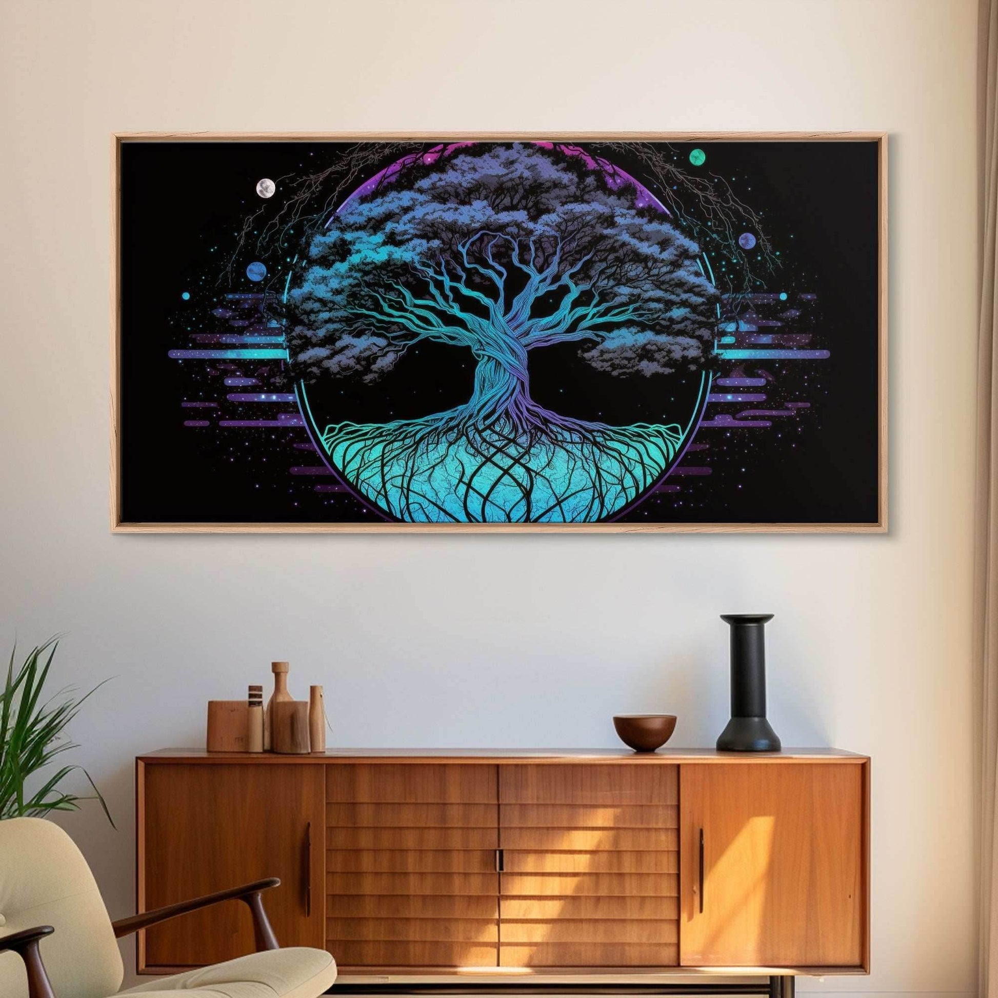 Norse Mythology Art, Synthwave Style Yggdrasil Tree of Life and the 9 Realms, Fantasy Art, Framed Canvas Print, Game Room Nordic Art - 10x20 Inches / Gallery Wrap Canvas - Ready To Hang