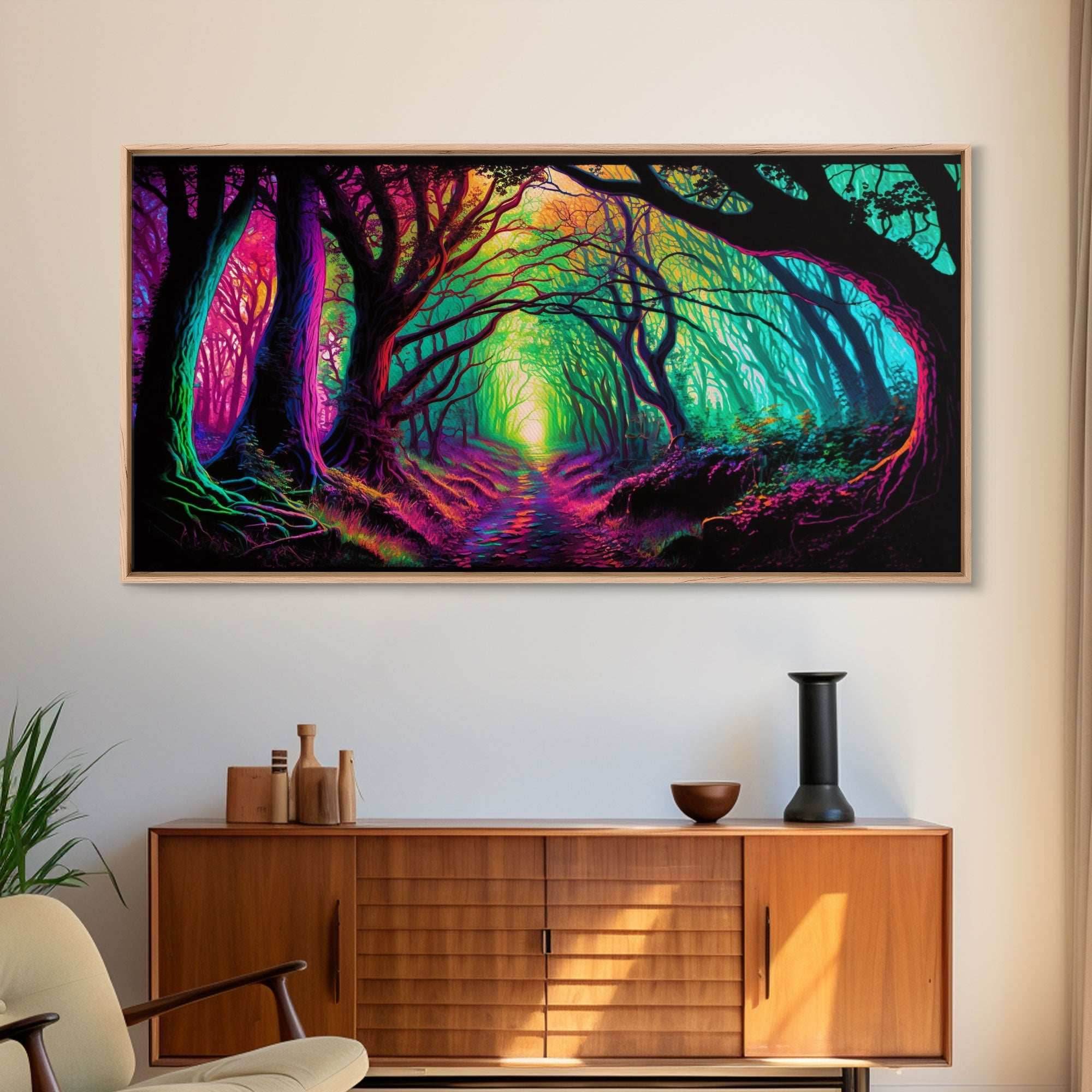 The Secret Grove, Fantasy Art, Pop Art Forest Landscape, Framed Canvas Print, Colorful Forest Painting, Living Room Art - 10x20 Inches / Gallery Wrap Canvas - Ready To Hang