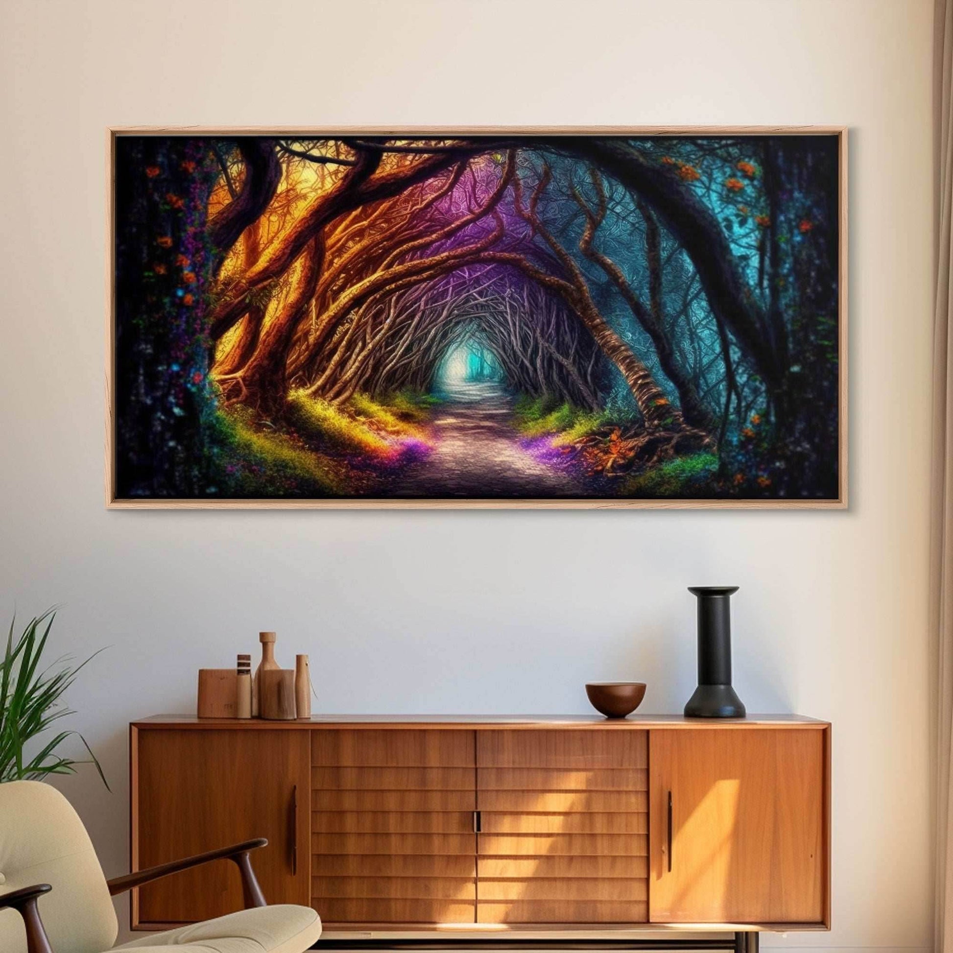 Secret Path, Fantasy Art, Pop Art Forest Landscape, Framed Canvas Print, Colorful Forest Painting, Living Room Art, Glowing Magical Forest - 10x20 Inches / Gallery Wrap Canvas - Ready To Hang