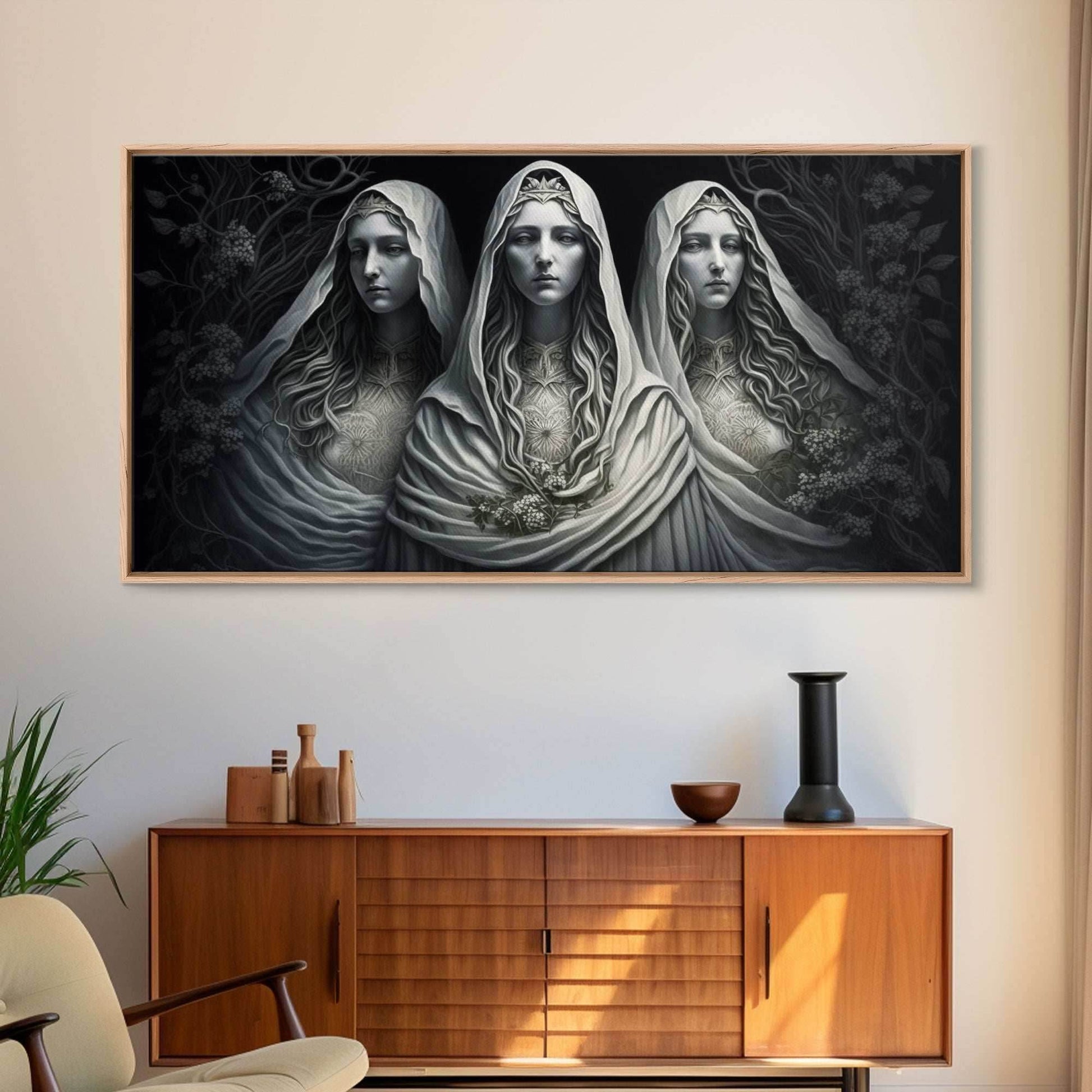 The Norns, Norse Mythology, Weavers of Fate, Framed Canvas Print, Urðr, Verðandi, and Skuld, Black and White Norse Fantasy Art - 10x20 Inches / Gallery Wrap Canvas - Ready To Hang