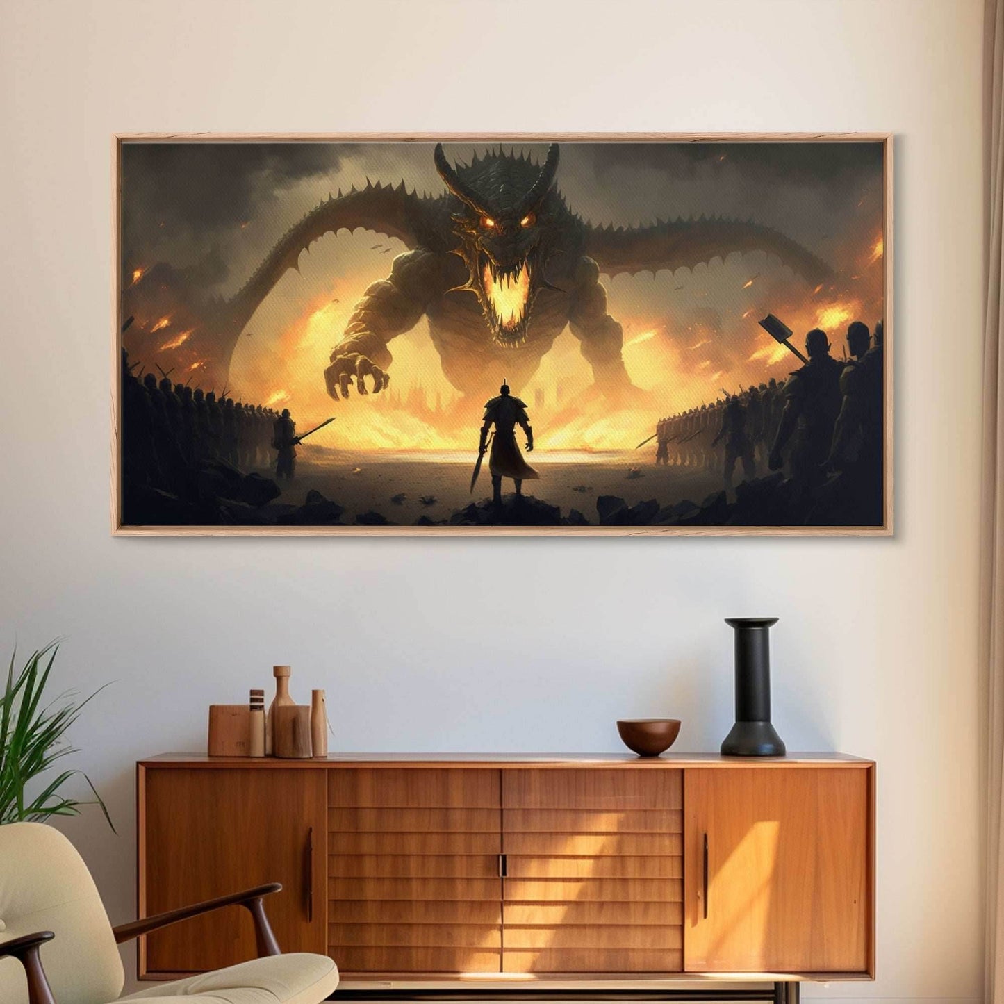 Warrior Facing Down a Dragon, Framed Canvas Print, Unique Fantasy Wall Art, In The Time of Dragons - 10x20 Inches / Gallery Wrap Canvas - Ready To Hang