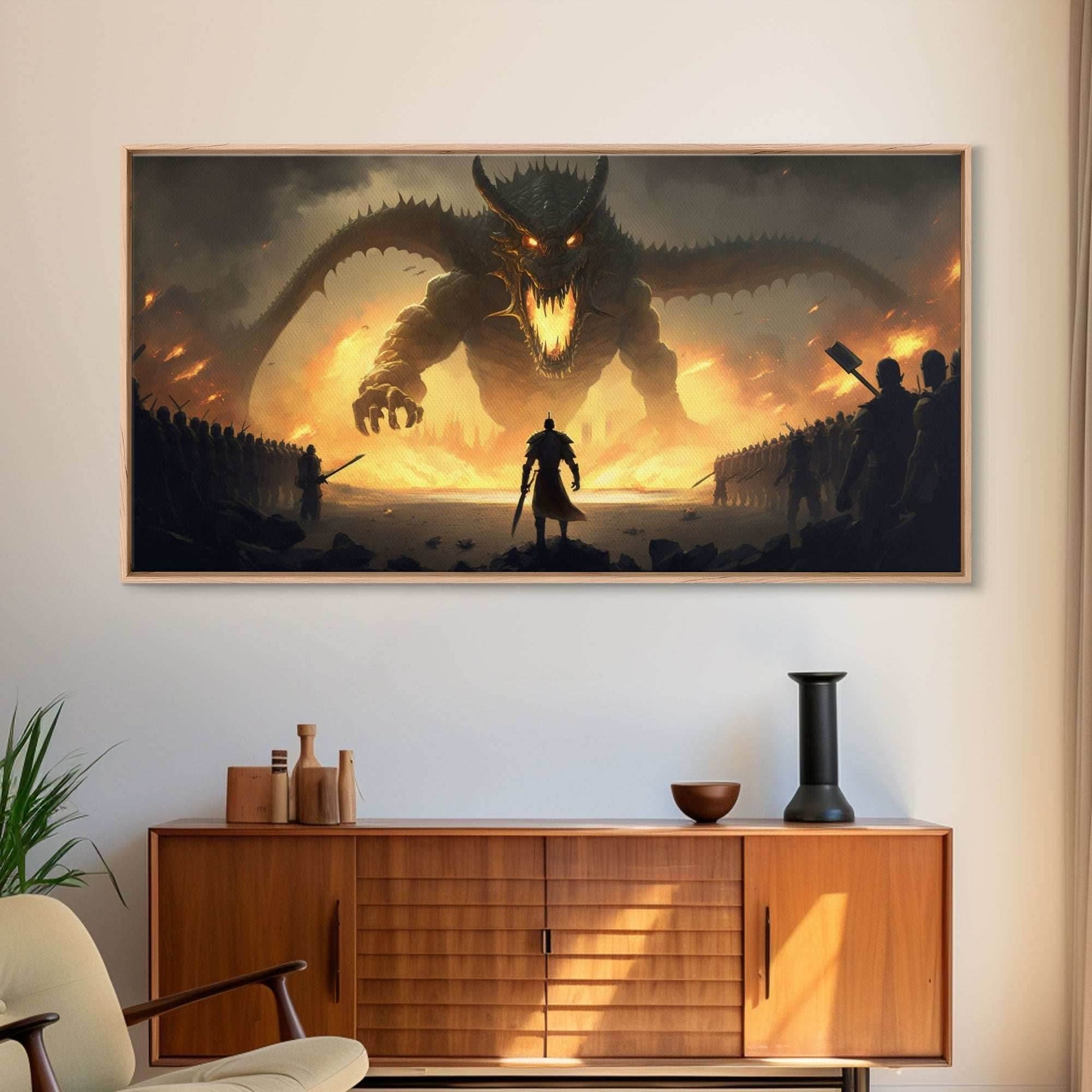 Warrior Facing Down a Dragon, Framed Canvas Print, Unique Fantasy Wall Art, In The Time of Dragons - 10x20 Inches / Gallery Wrap Canvas - Ready To Hang
