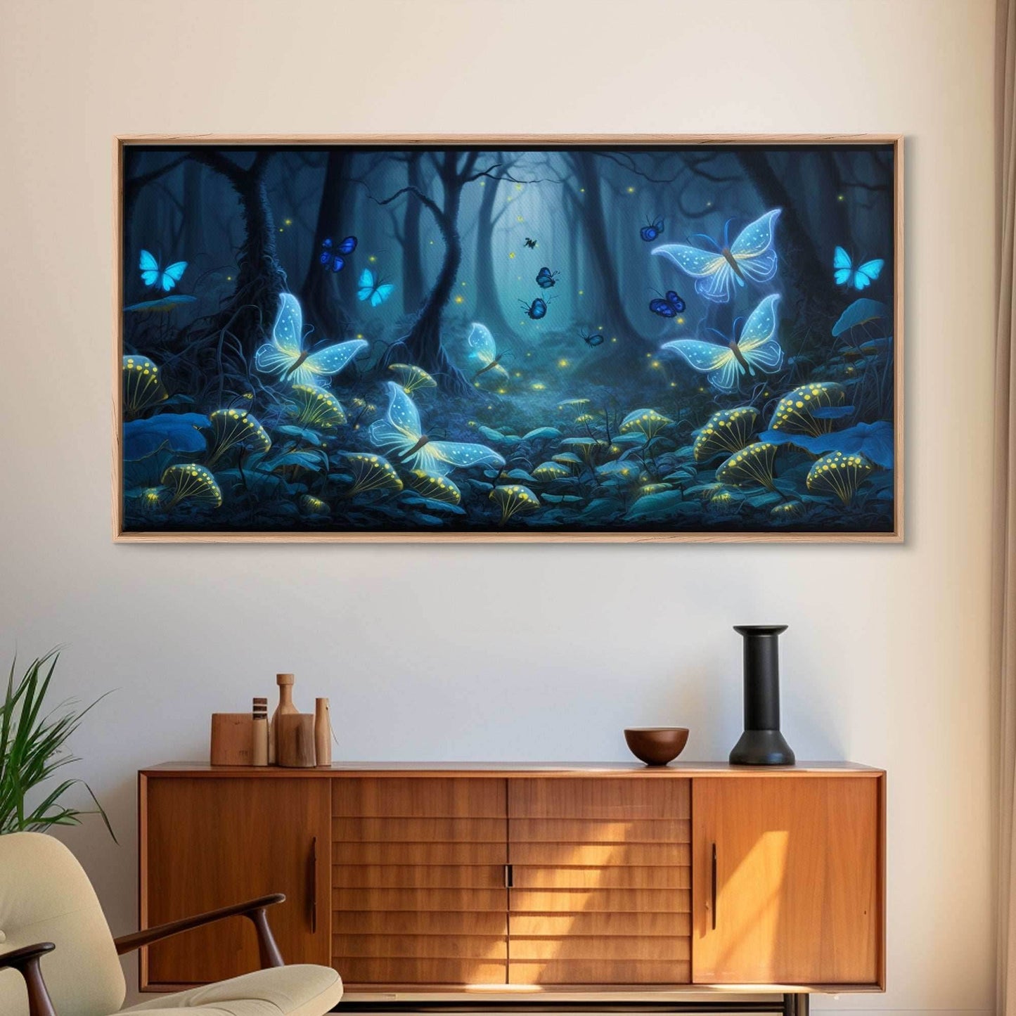 Magical Enchanted Fairy Forest, Fantasy Art, Framed Canvas Print, Bioluminescent Butterflies in an Enchanted Forest, Glowing Art - 10x20 Inches / Gallery Wrap Canvas - Ready To Hang
