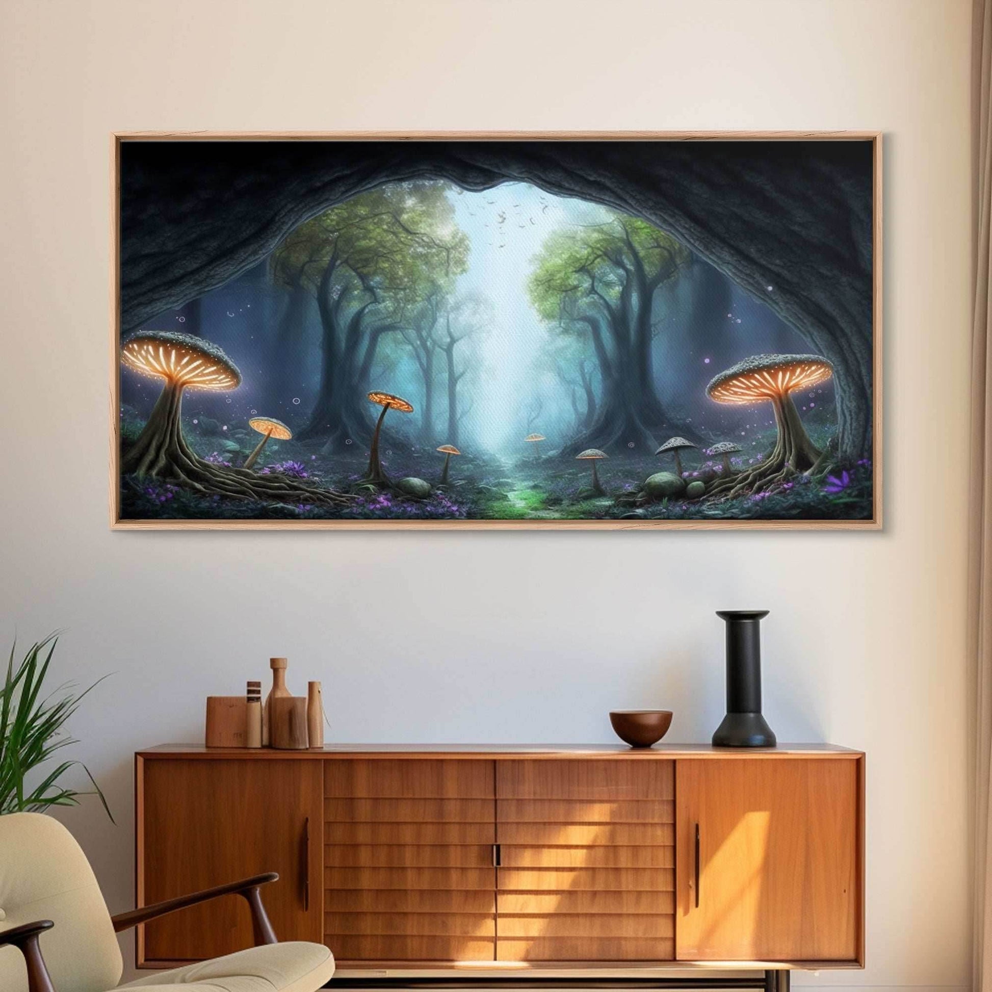 Magical Enchanted Mushroom Forest, Fantasy Art, Framed Canvas Print, Bioluminescent Butterflies in an Enchanted Forest, Glowing Art - 10x20 Inches / Gallery Wrap Canvas - Ready To Hang