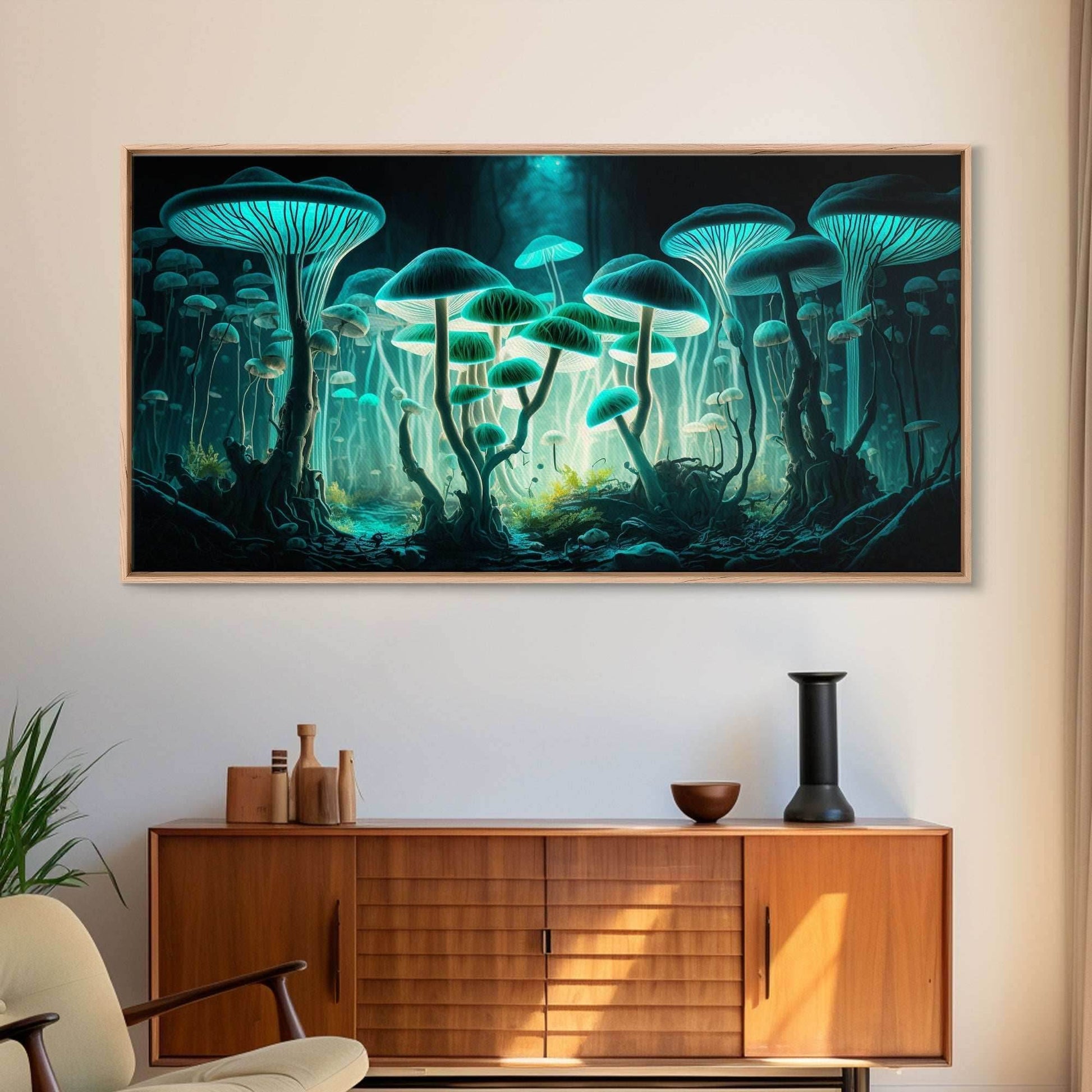 The Forest Floor, Framed Canvas Print, Glowing Mushrooms, Bioluminescent Mushroom Art, Color fantasy wall art - 10x20 Inches / Gallery Wrap Canvas - Ready To Hang