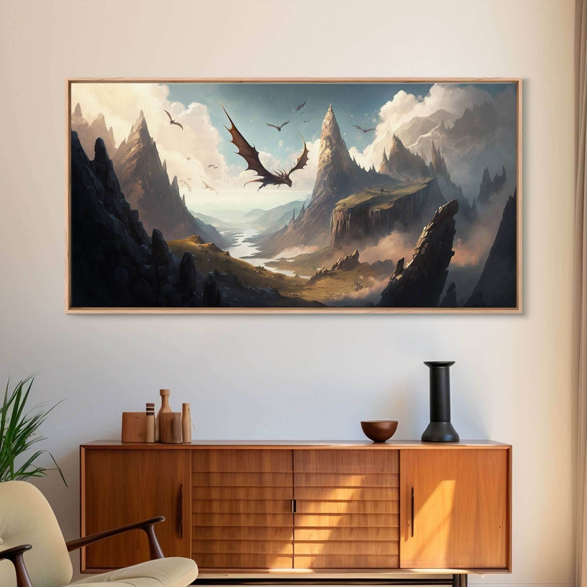 Dragons in Flight Over a Valley, Fantasy Art, Framed Canvas Print, Medieval Fantasy Art, Fire breathing dragons - 10x20 Inches / Gallery Wrap Canvas - Ready To Hang