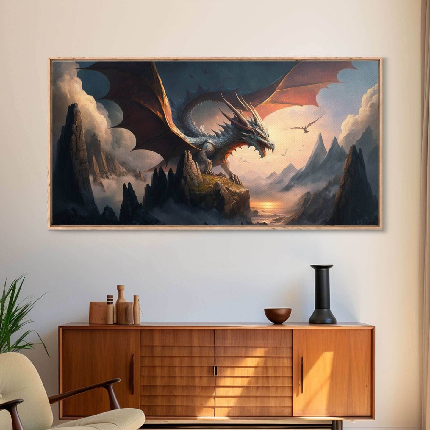 White Dragon on a Mountain Top, Fantasy Art, Framed Canvas Print, Medieval Fantasy Art, Fire breathing dragons - 10x20 Inches / Gallery Wrap Canvas - Ready To Hang
