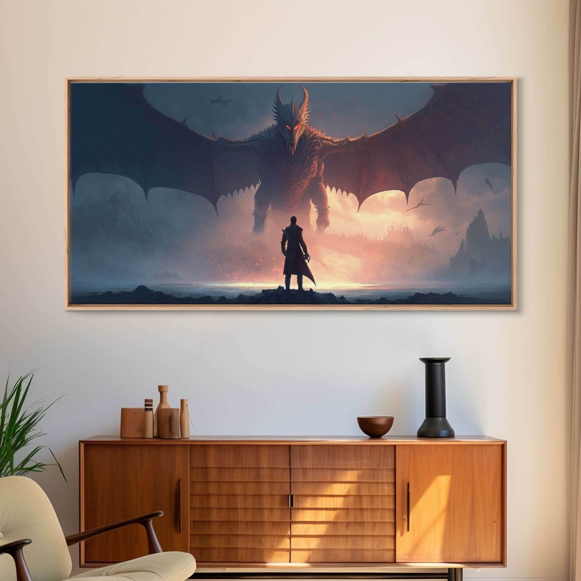 Warrior Facing Down a Dragon, Framed Canvas Print, Unique Fantasy Wall Art, In The Time of Dragons - 10x20 Inches / Gallery Wrap Canvas - Ready To Hang