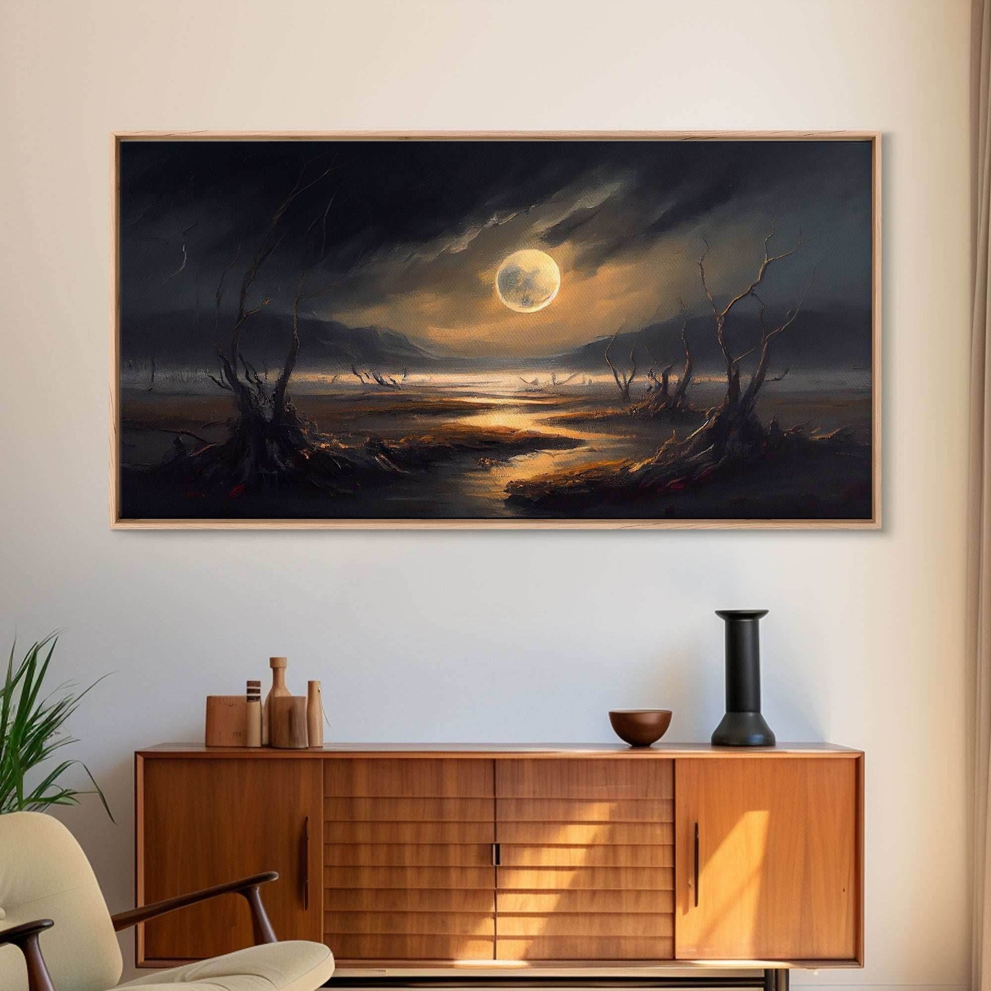 Midnight In The Swamp, Framed Canvas Print, Fantasy Art Canvas, Wall Art, Game Room Art, Full moon - 10x20 Inches / Gallery Wrap Canvas - Ready To Hang