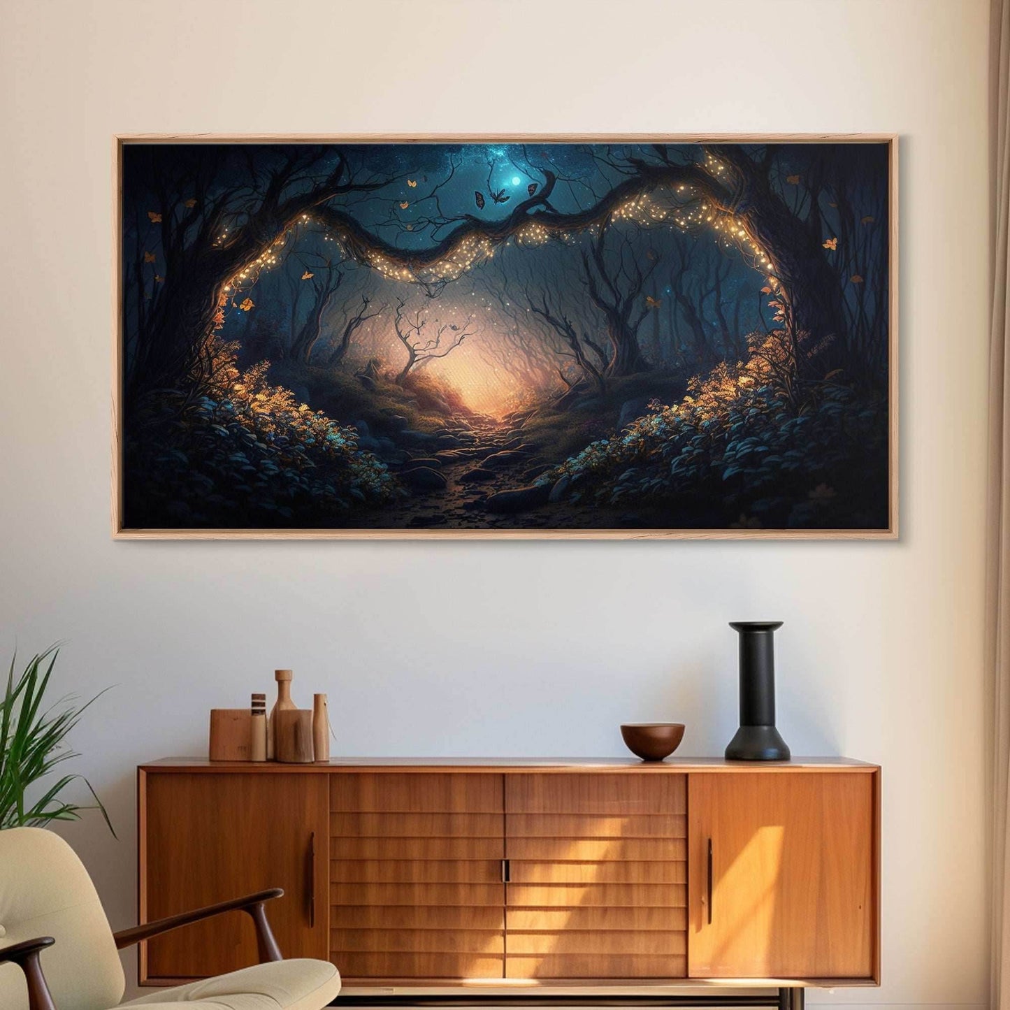 Wreath of Fireflies, Beautiful Fantasy Art, Framed Canvas Print, Moonlit Forest Floor Fantasy Concept Art - 10x20 Inches / Gallery Wrap Canvas - Ready To Hang