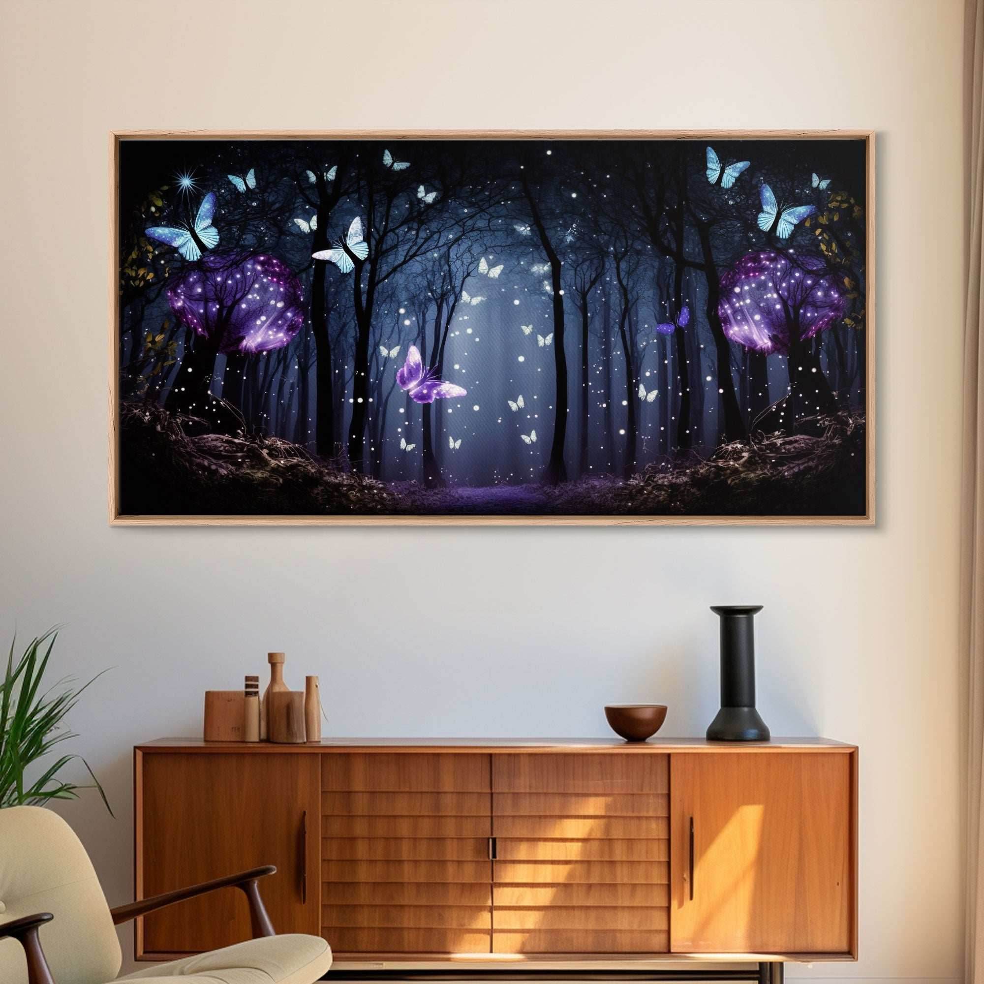 Glowing Butterflies, Framed Canvas Print, Fantasy Decor, High Fantasy Canvas Art, Fairy Forest - 10x20 Inches / Gallery Wrap Canvas - Ready To Hang