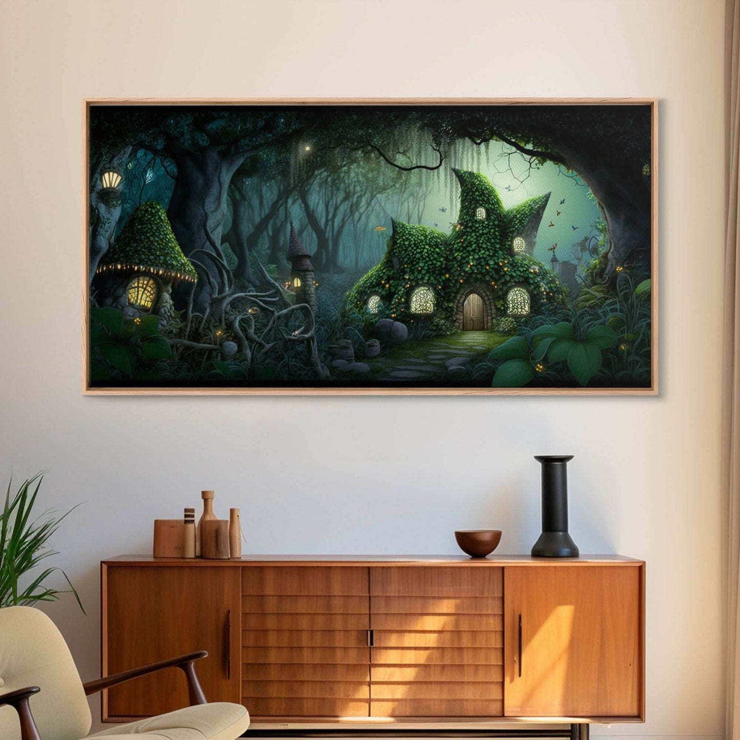 Gnome City, Wall Art, Fantasy Canvas Print, Framed Art, Tiny Gnome Houses On The Forest Floor - 10x20 Inches / Gallery Wrap Canvas - Ready To Hang