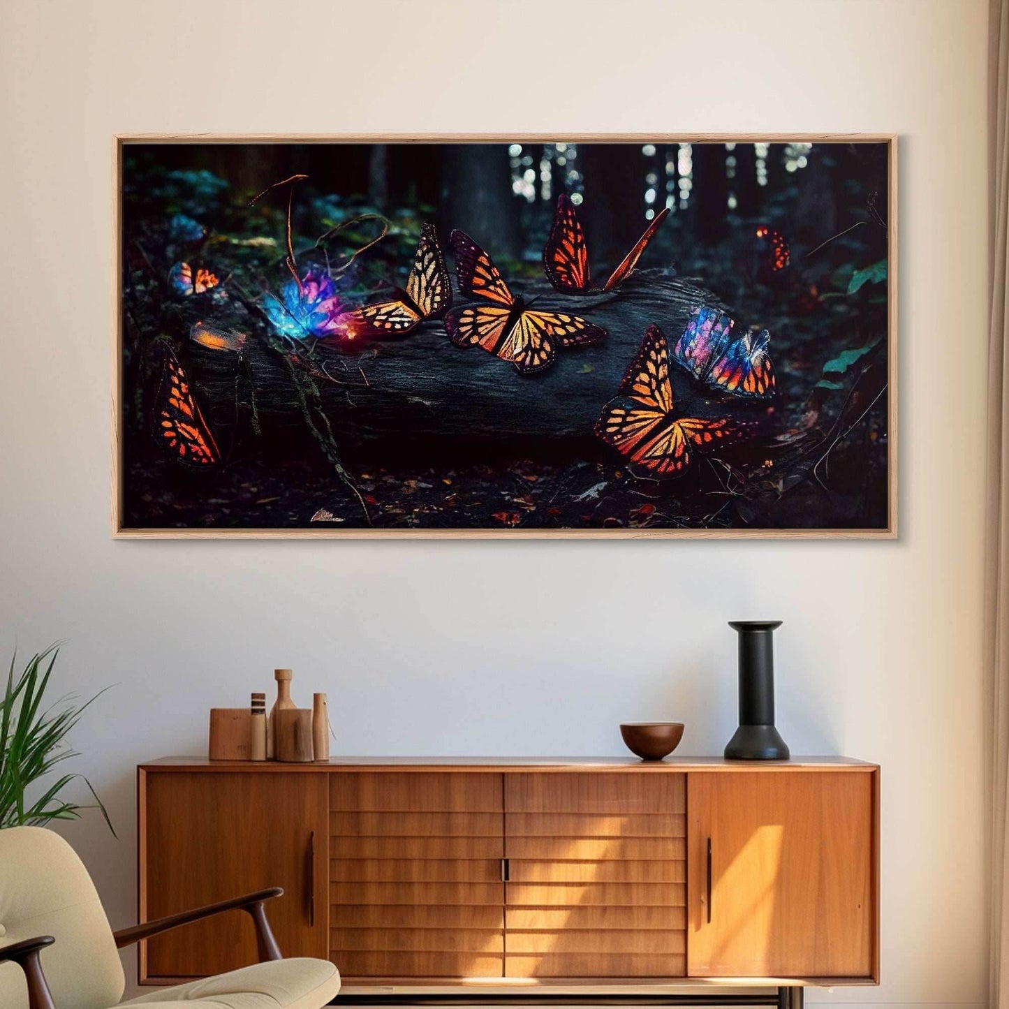 Glowing butterflies, fantasy forest wall art, framed canvas print, mother's day, mom gift, monarch butterflies - 10x20 Inches / Gallery Wrap Canvas - Ready To Hang