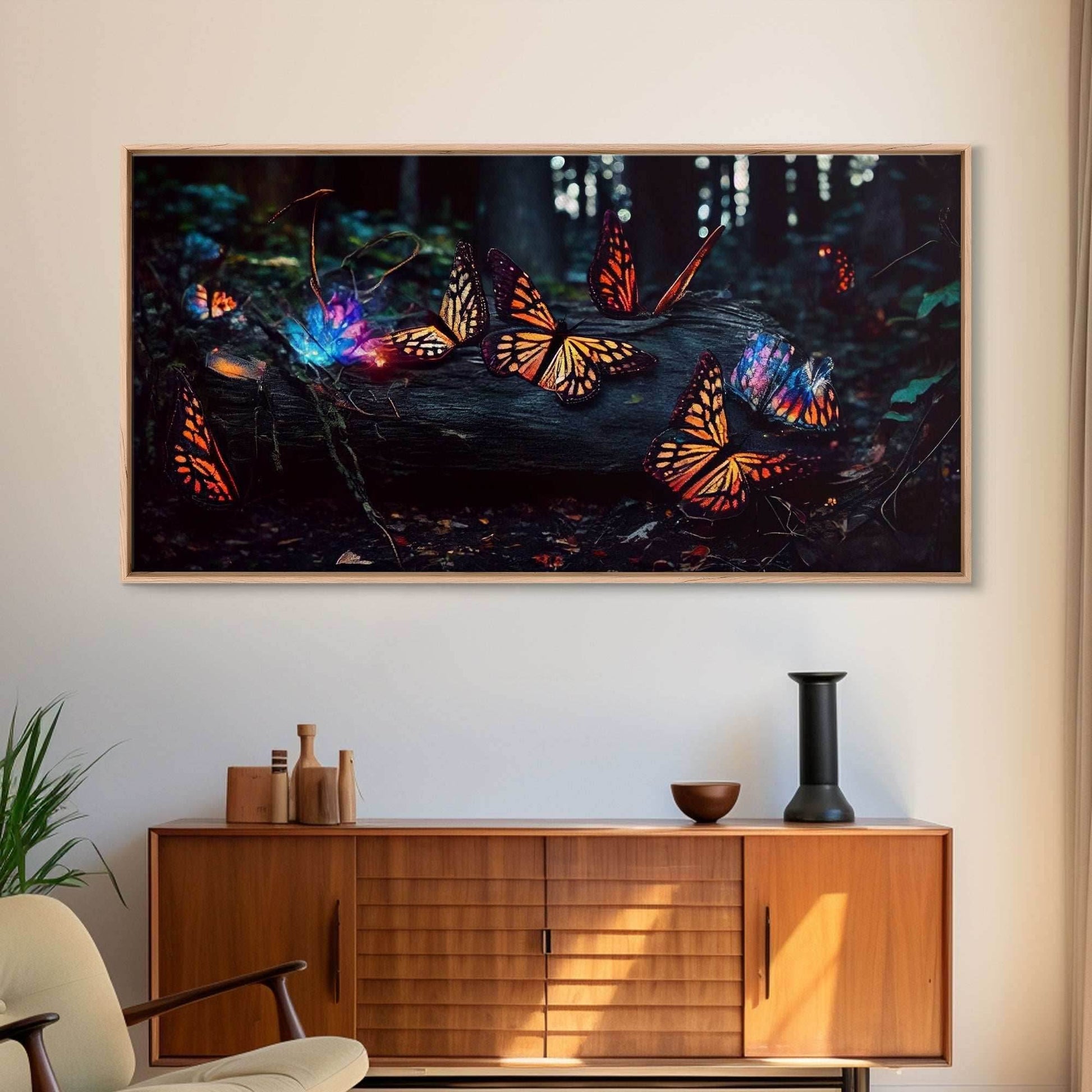 Glowing butterflies, fantasy forest wall art, framed canvas print, mother's day, mom gift, monarch butterflies - 10x20 Inches / Gallery Wrap Canvas - Ready To Hang