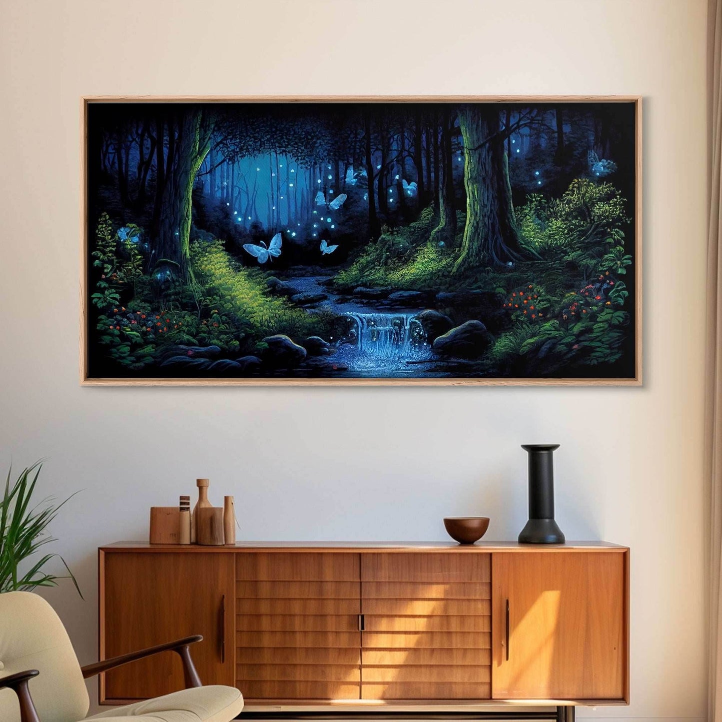 Enchanted Forest Painting, Fantasy Art, Fairy House, Fantasy, Woodland Decor, Woods, Forest, Fairy Forest with Blue Butterflies - 10x20 Inches / Gallery Wrap Canvas - Ready To Hang
