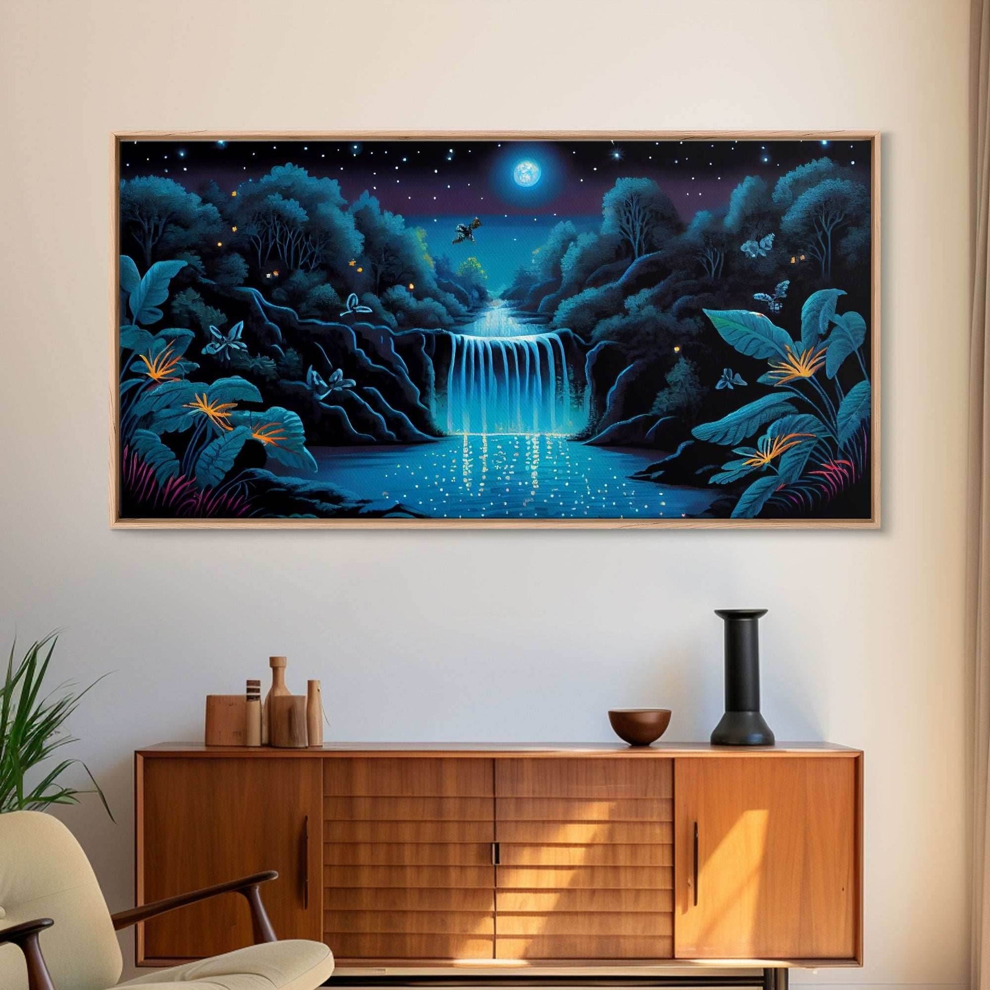The Secret Waterfall, Enchanted Forest With Painting, Fantasy Art, Fairy House, Fantasy, Woodland Decor, Woods, Forest with Blue Butterflies - 10x20 Inches / Gallery Wrap Canvas - Ready To Hang