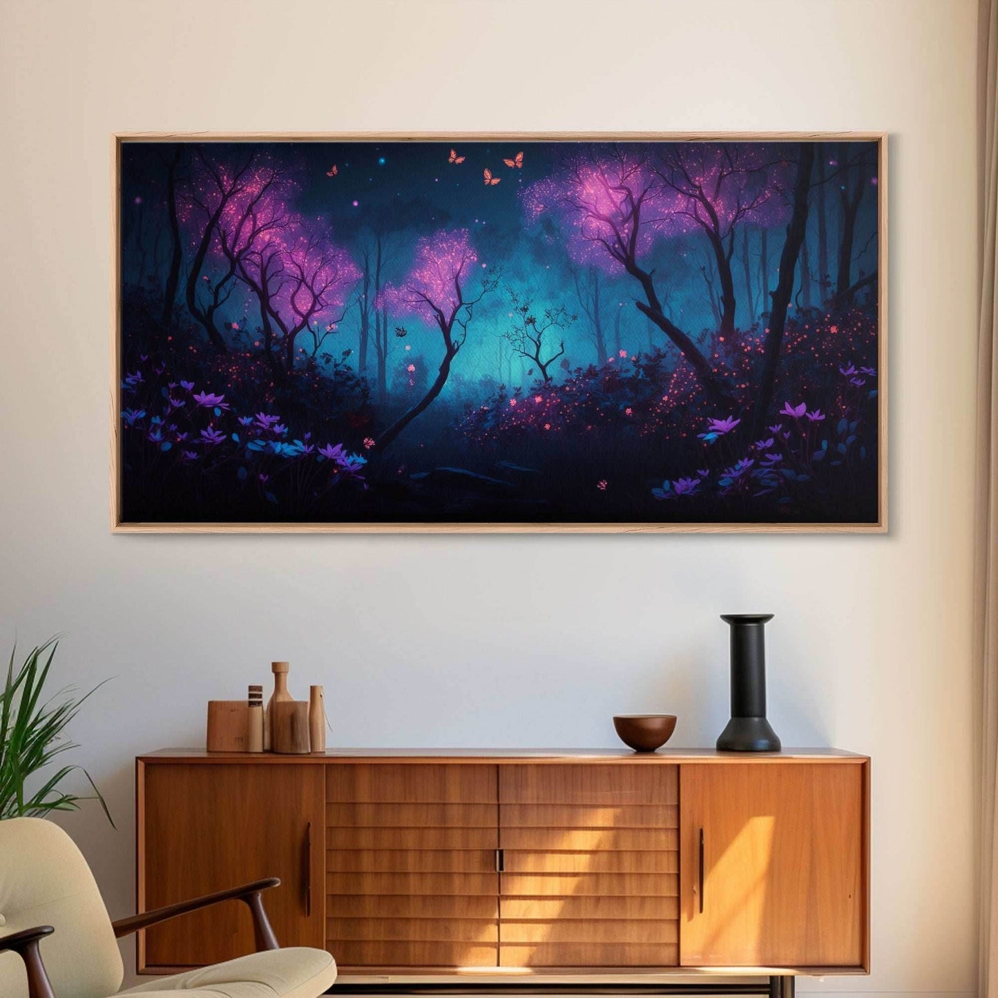 Beautiful forest canvas print Fantasy forest wall art Forest Painting, Framed Art, Glowing Butterflies - 10x20 Inches / Gallery Wrap Canvas - Ready To Hang