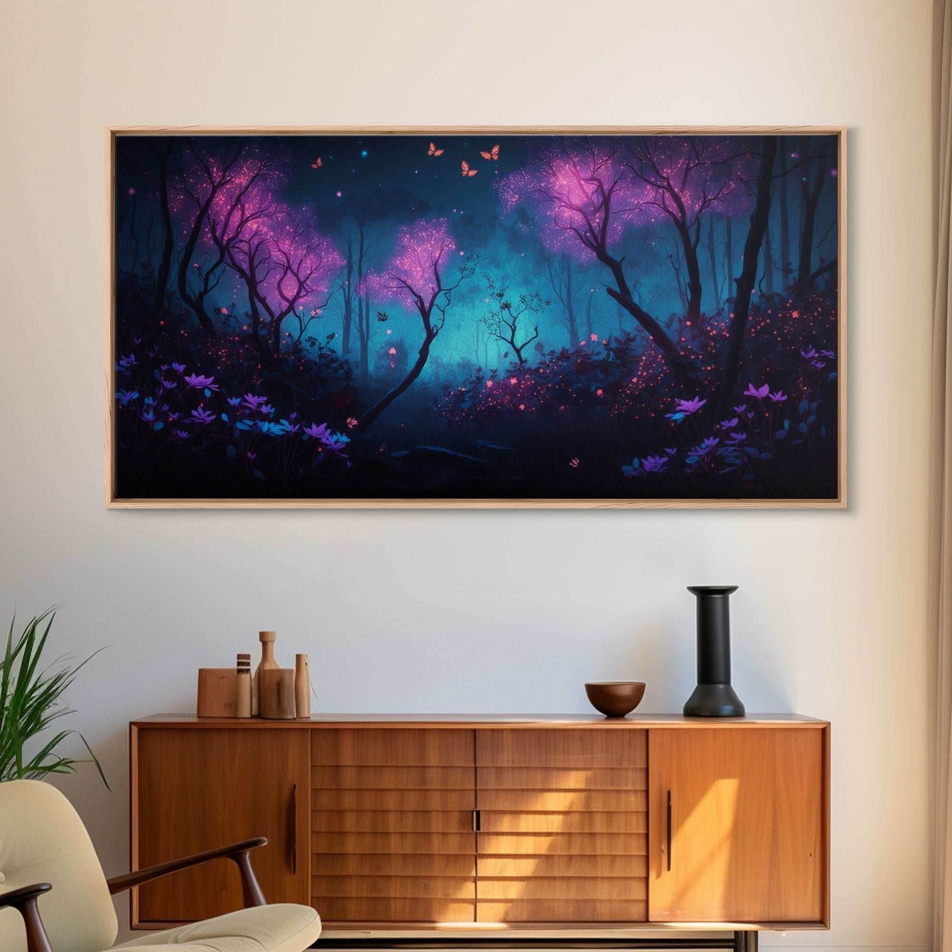 Beautiful forest canvas print Fantasy forest wall art Forest Painting, Framed Art, Glowing Butterflies - 10x20 Inches / Gallery Wrap Canvas - Ready To Hang