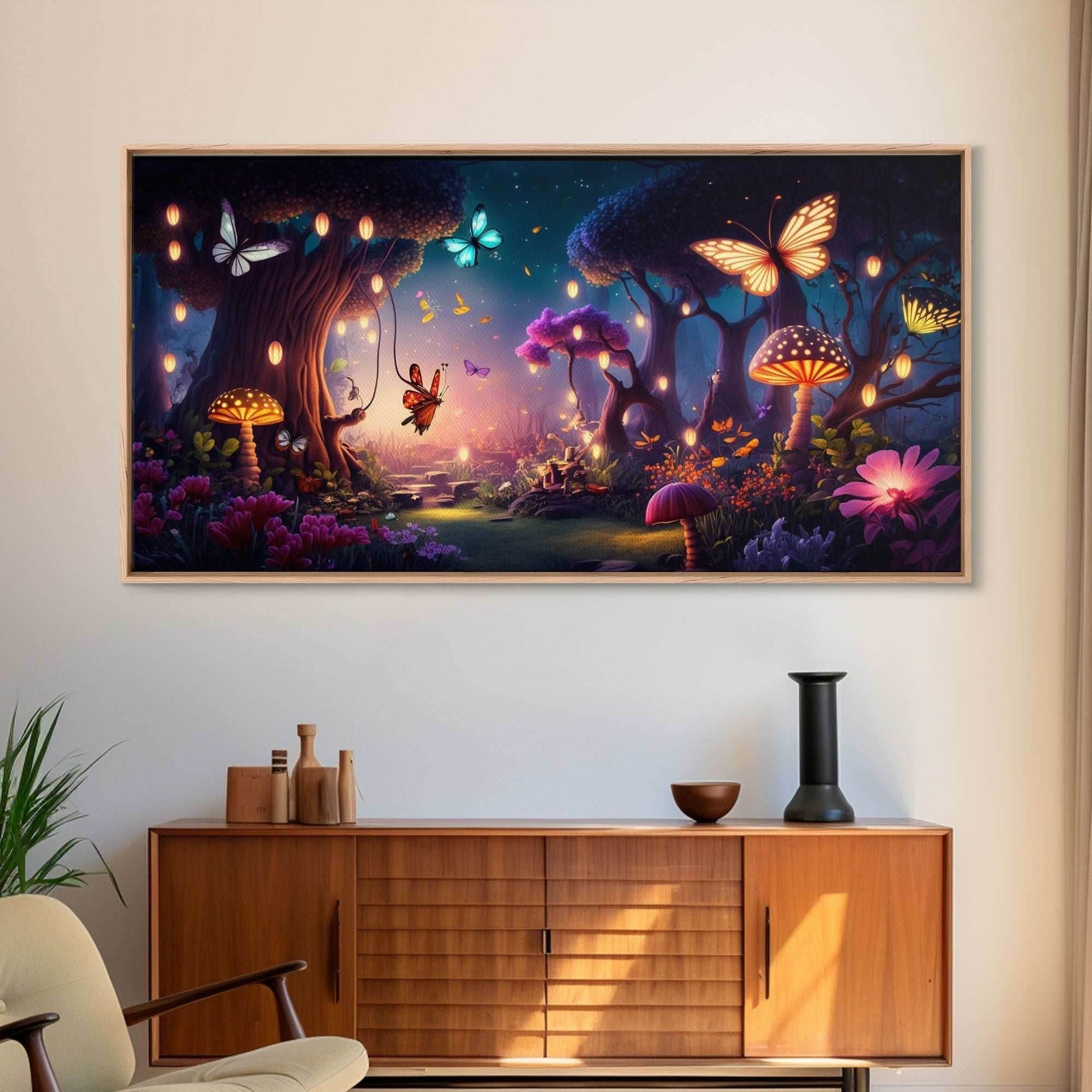 Vibrant Fantasy Forest Wall Art, The Forest Floor, Bioluminescent Glowing Butterflies, Gift, Framed Canvas Print - 10x20 Inches / Gallery Wrap Canvas - Ready To Hang