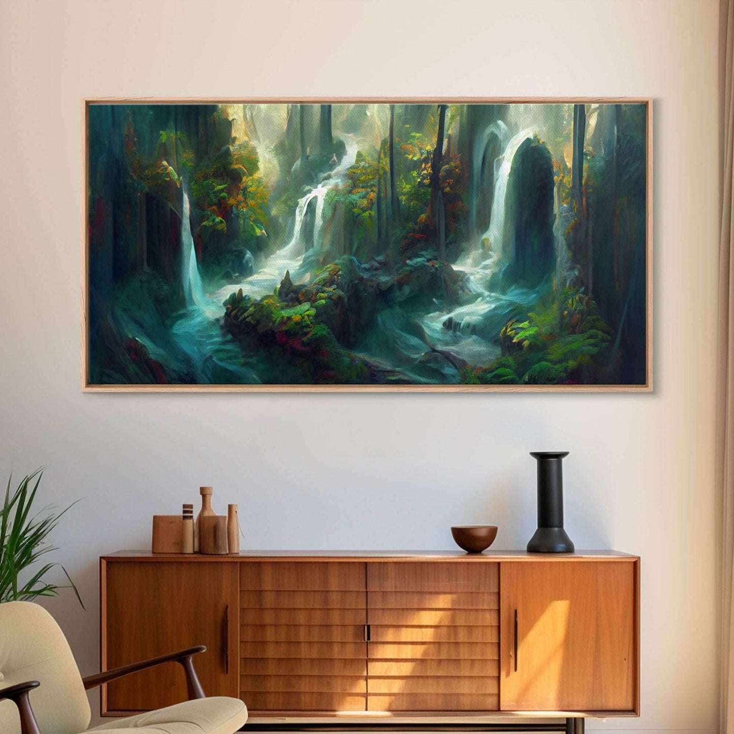 Waterfall wall art, canvas print, giclee, fantasy wall art, water color, nature wall decor, water landscape art, serenity art - 10x20 Inches / Gallery Wrap Canvas - Ready To Hang