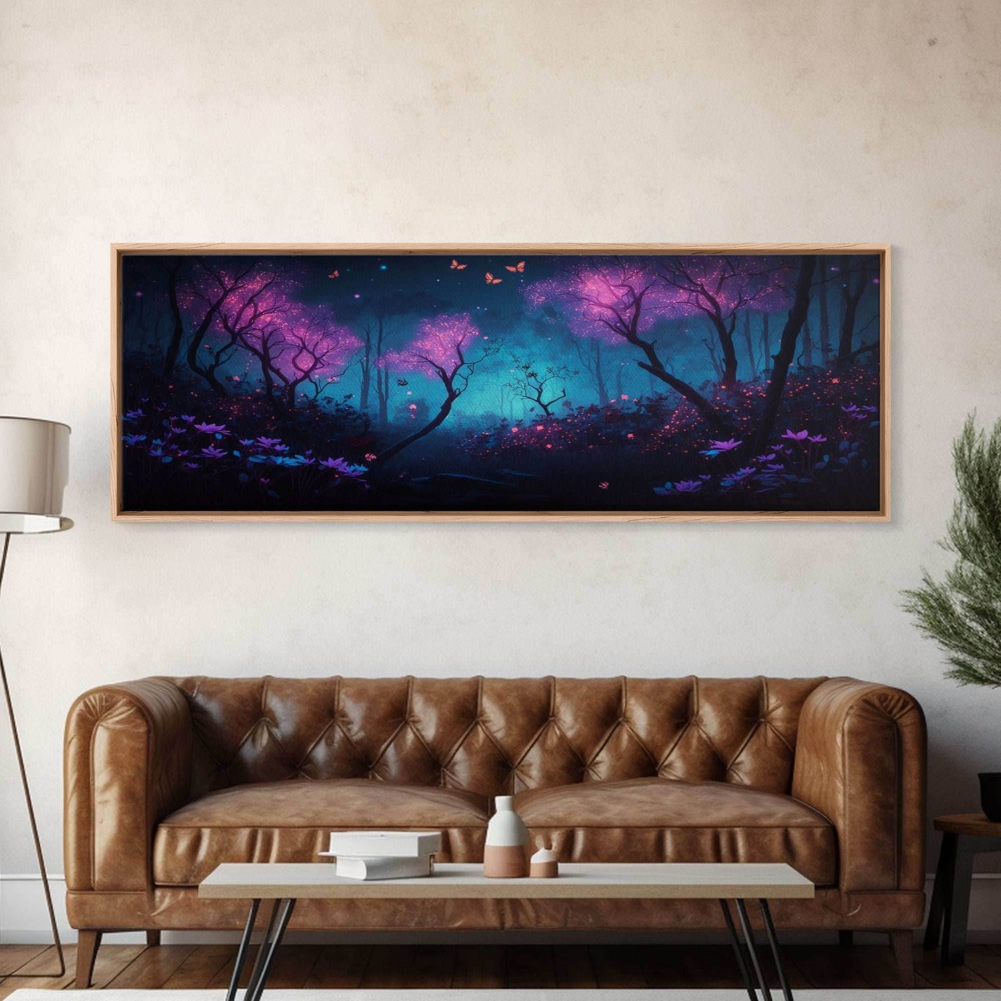 Beautiful Fantasy Forest, Framed Canvas Print, Fantasy Art, Butterflies and Fireflies Light up a Fairy Forest At Night, Framed Wall Art - 10x30 Inches / Gallery Wrap Canvas - Ready To Hang