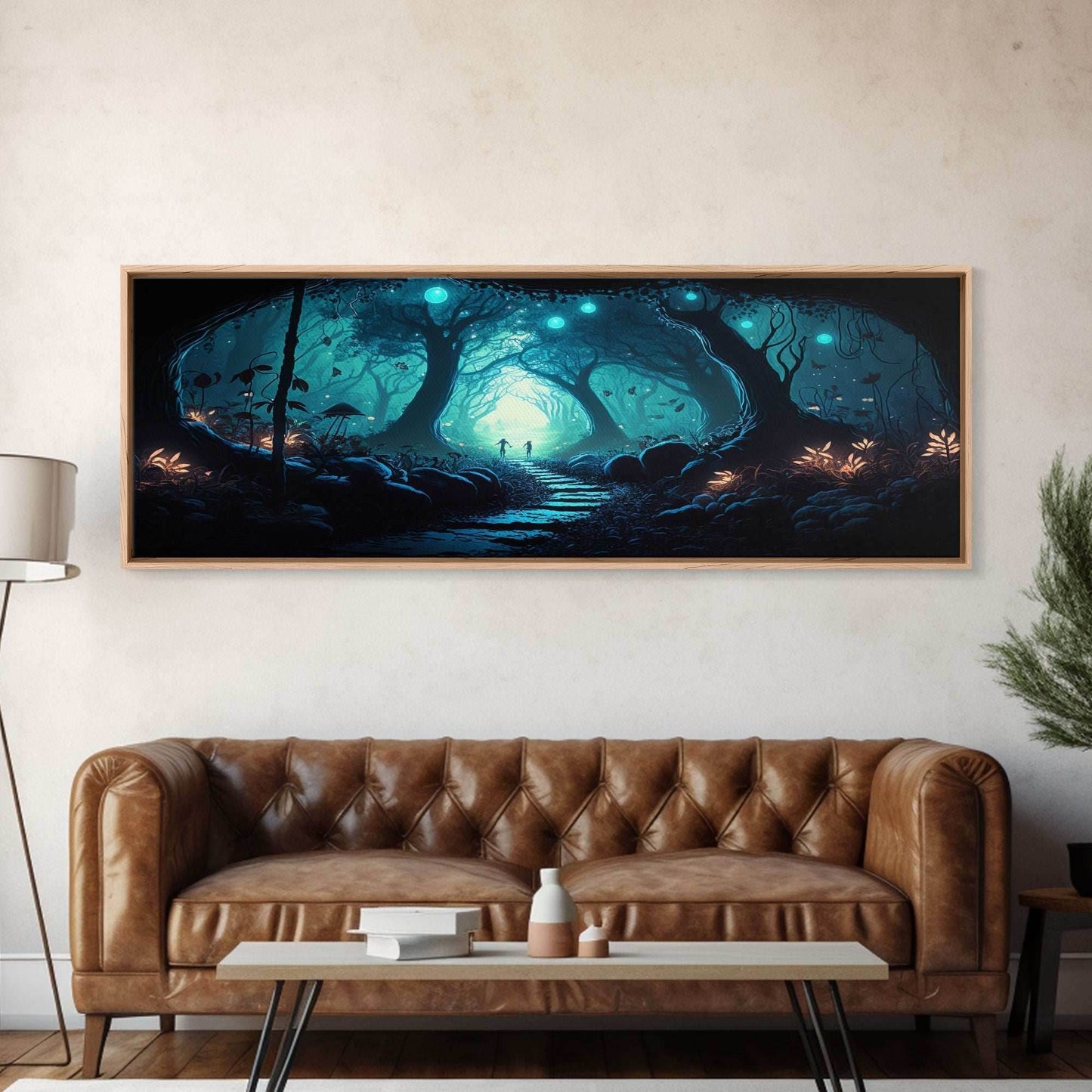 The mycelium Networrk, Fantasy Art, Framed Canvas Print, Bioluminescent Fantasy Forest At Night, Blue Glowing Ambience Art - 10x30 Inches / Gallery Wrap Canvas - Ready To Hang