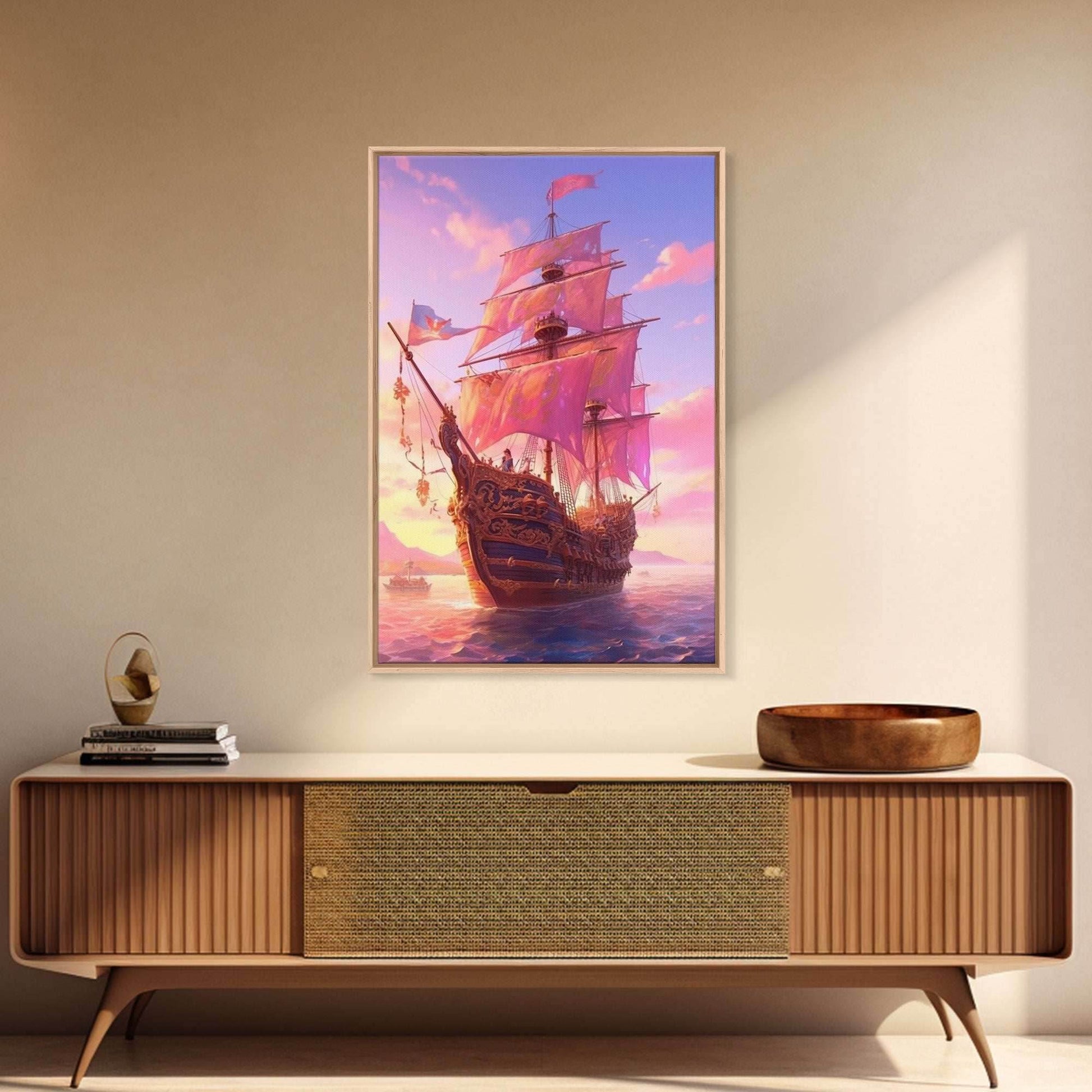 Gothic Pirate Ship at Sunset, Framed Canvas Print, Fantasy Wall Art, Wall Decor, Pirate Wal Art, Gift For Him, Kid's Room Art - 8x12 Inches / Gallery Wrap Canvas - Ready To Hang