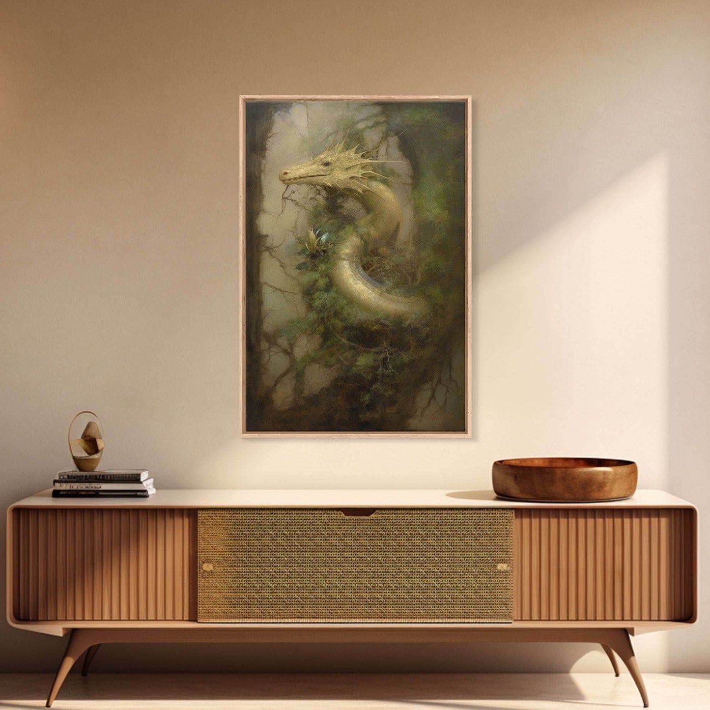 Majestic Green Dragon Wall Art, Framed Canvas Print, Dragon Fantasy Painting, Garden Dragon Abstract Fantasy Art - 8x12 Inches / Gallery Wrap Canvas - Ready To Hang