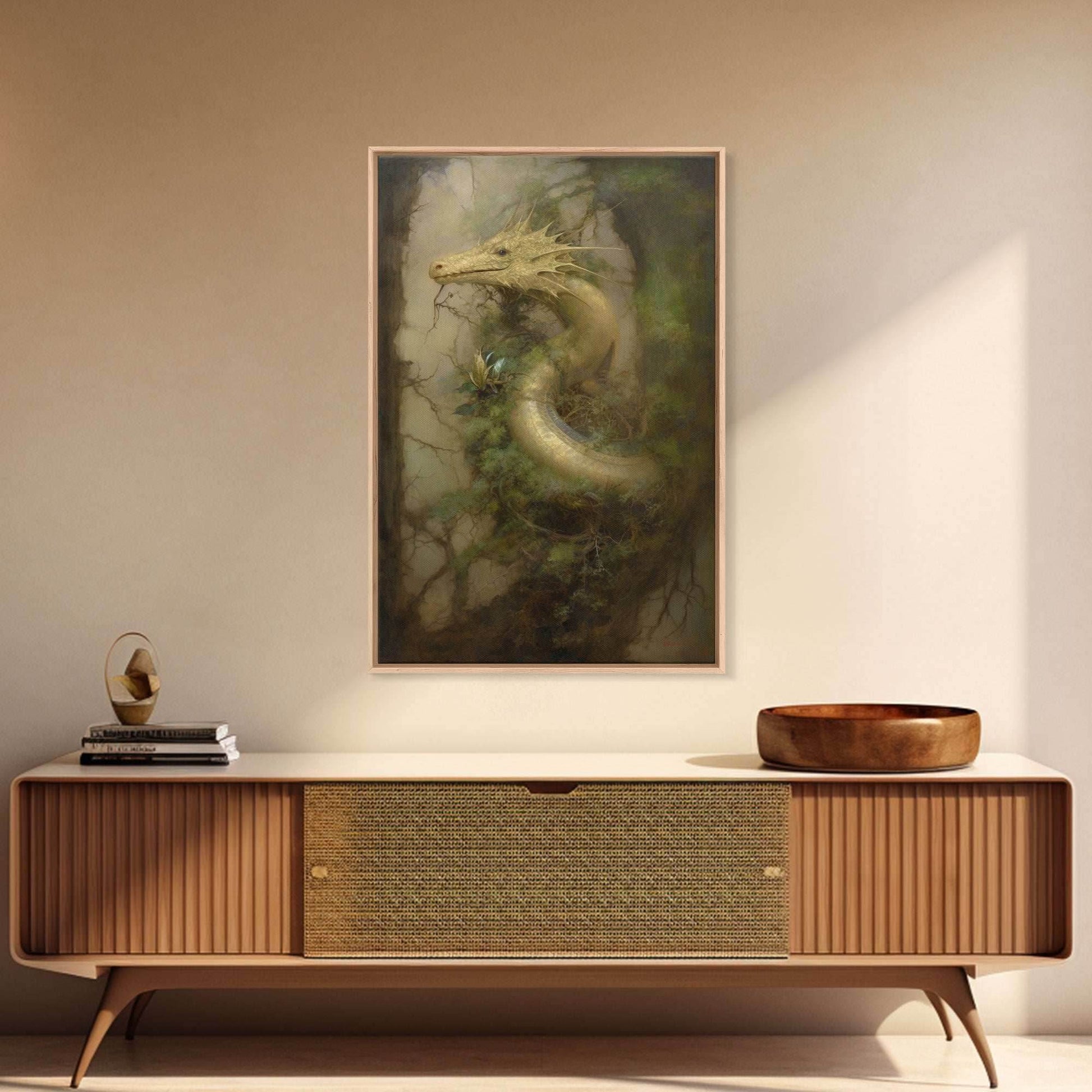 Majestic Green Dragon Wall Art, Framed Canvas Print, Dragon Fantasy Painting, Garden Dragon Abstract Fantasy Art - 8x12 Inches / Gallery Wrap Canvas - Ready To Hang