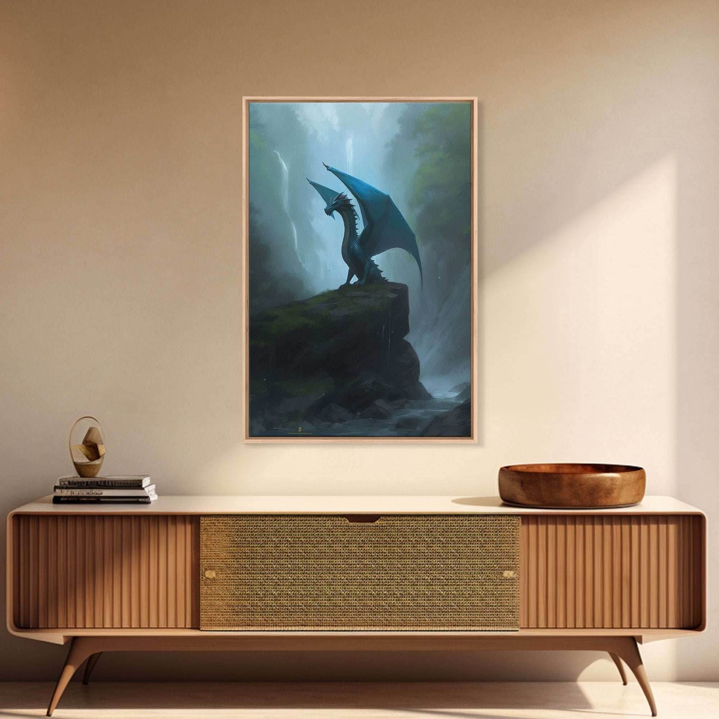 Majestic Forest Dragon Wall Art, Framed Canvas Print, Dragon Fantasy Painting, Forest Dragon Behind Secret Waterfalls Abstract Fantasy Art - 8x12 Inches / Gallery Wrap Canvas - Ready To Hang