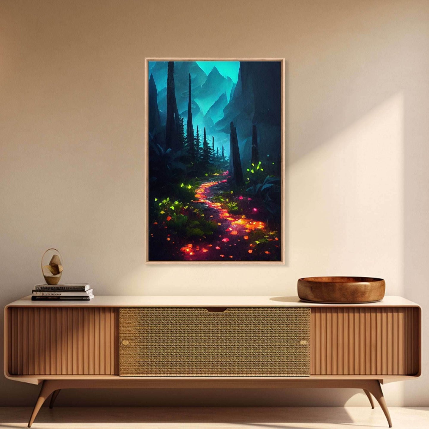 Luminescent magical forest poster art, fine art print, glowing trail though the trees, fantasy art, gloomy wall art, dark decor - 8x12 Inches / Gallery Wrap Canvas - Ready To Hang