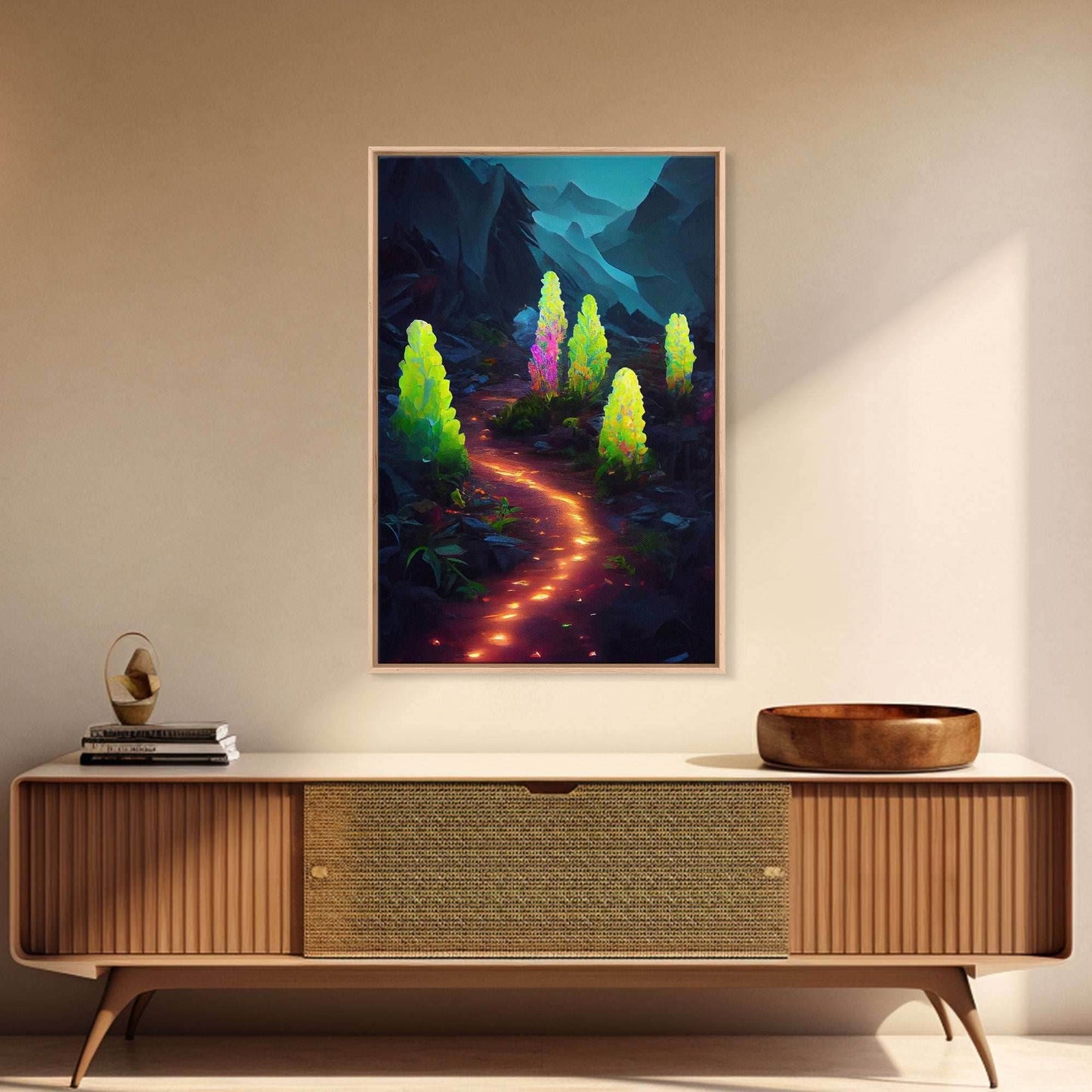 Magical forest canvas print, glowing mushroom art, fantasy forest wall art, gloomy dark home decor, luminescent forest trail wall art - 8x12 Inches / Gallery Wrap Canvas - Ready To Hang