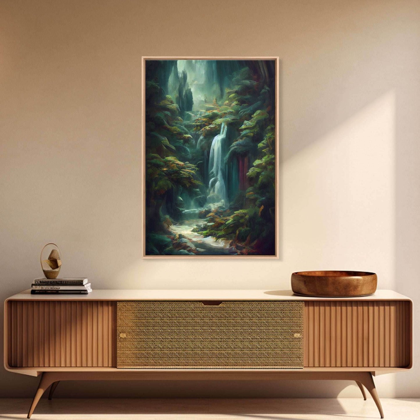 Waterfall in the forest canvas print, fantasy wall art, watercolor print, high fantasy, nature landscape living room wall art - 8x12 Inches / Gallery Wrap Canvas - Ready To Hang