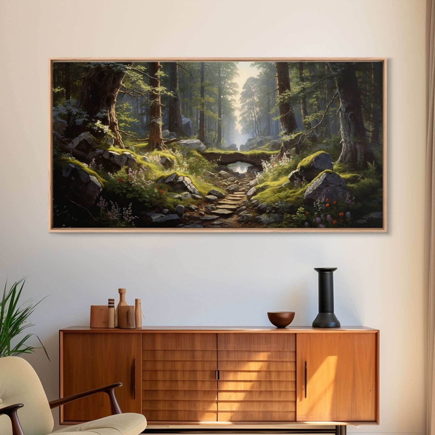 SlightlyScorched Framed Canvas Print Emerald Green Fantasy Forest, Mountain Forest Lake Landscape Minimalist Modern Art Nature Wall Decor - 10x20 Inches / Gallery Wrap Canvas - Ready To Hang