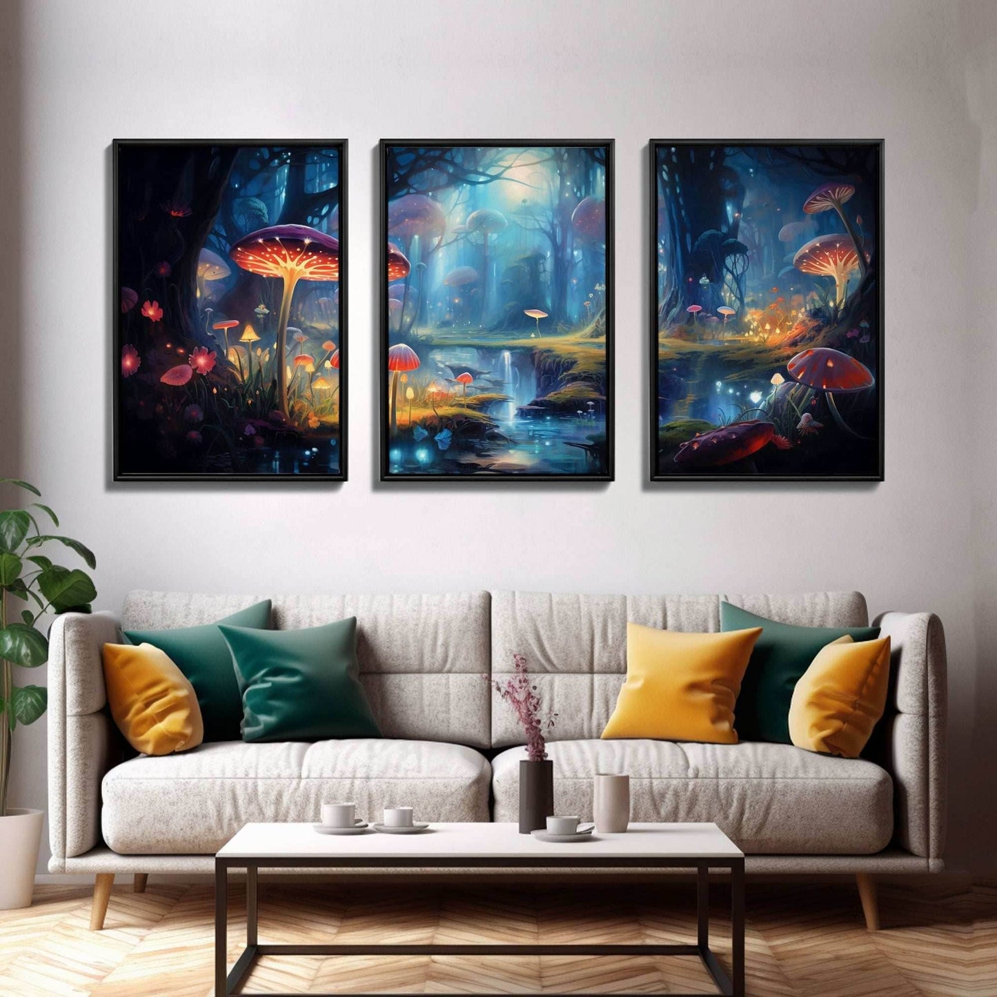 Magical dark forest art print on canvas, fantasy forest, oil style painting, large landscape wall art for home, ready to hang, 3 Piece Art - 8x12 In. - 3 Pieces / Stretched Canvas