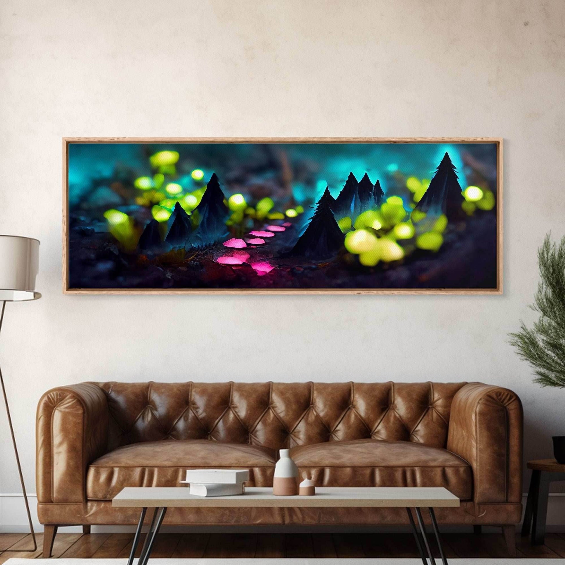 Luminescent trail in the forest, fantasy art, RPG concept art, tiny worlds, glowing mushrooms , Ready To Hang Canvas Print, Panoramic Art, - 10x30 Inches / Gallery Wrap Canvas - Ready To Hang