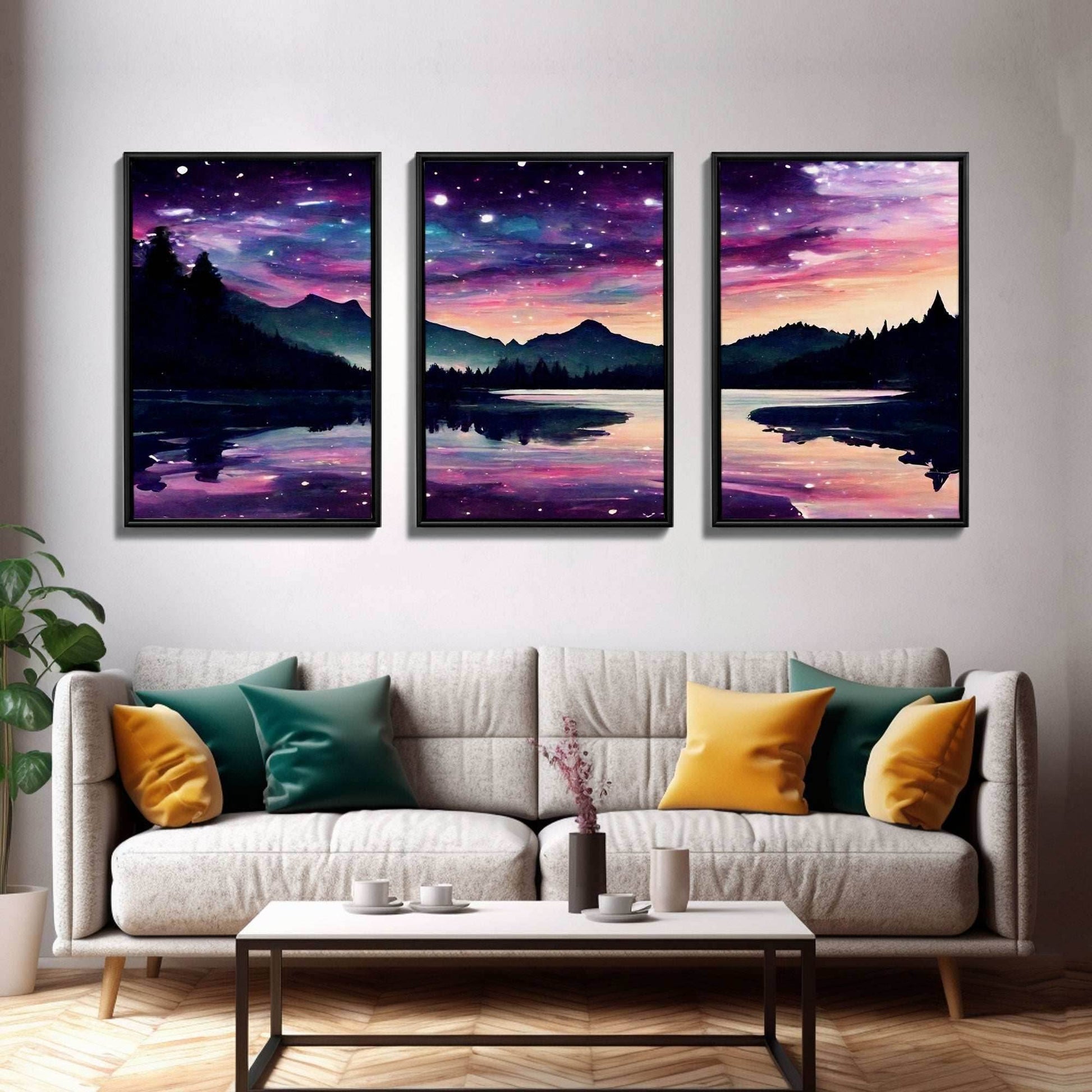 Fantasy Starry Night Magical Forest Landscape, 3 Piece Wall Art, Ready To Hang Canvas Print, Cool Unique Living Room Wall Art Decor - 8x12 In. - 3 Pieces / Stretched Canvas
