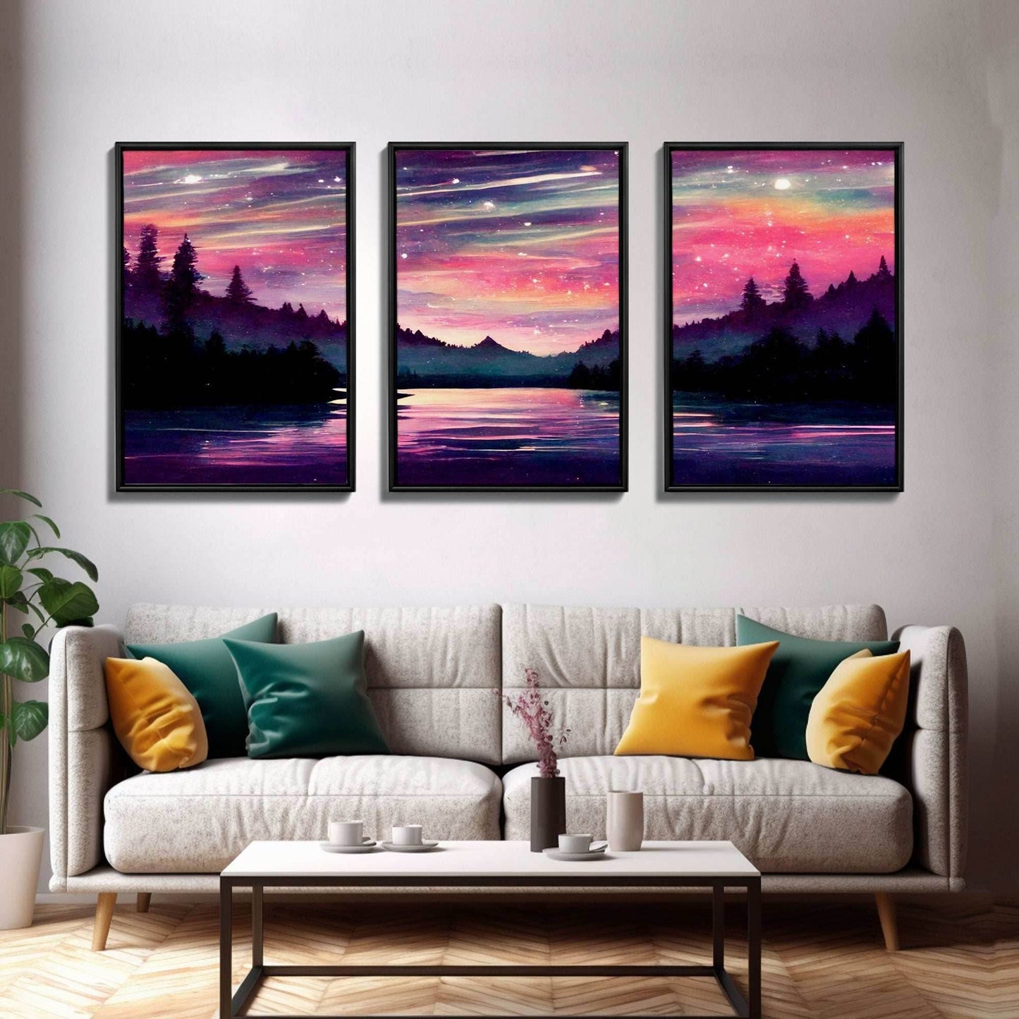 Starry Night Magical Forest Fantasy Landscape, 3 Piece Wall Art, Ready To Hang Canvas Print, Cool Living Room Wall Art Decor - 8x12 In. - 3 Pieces / Stretched Canvas