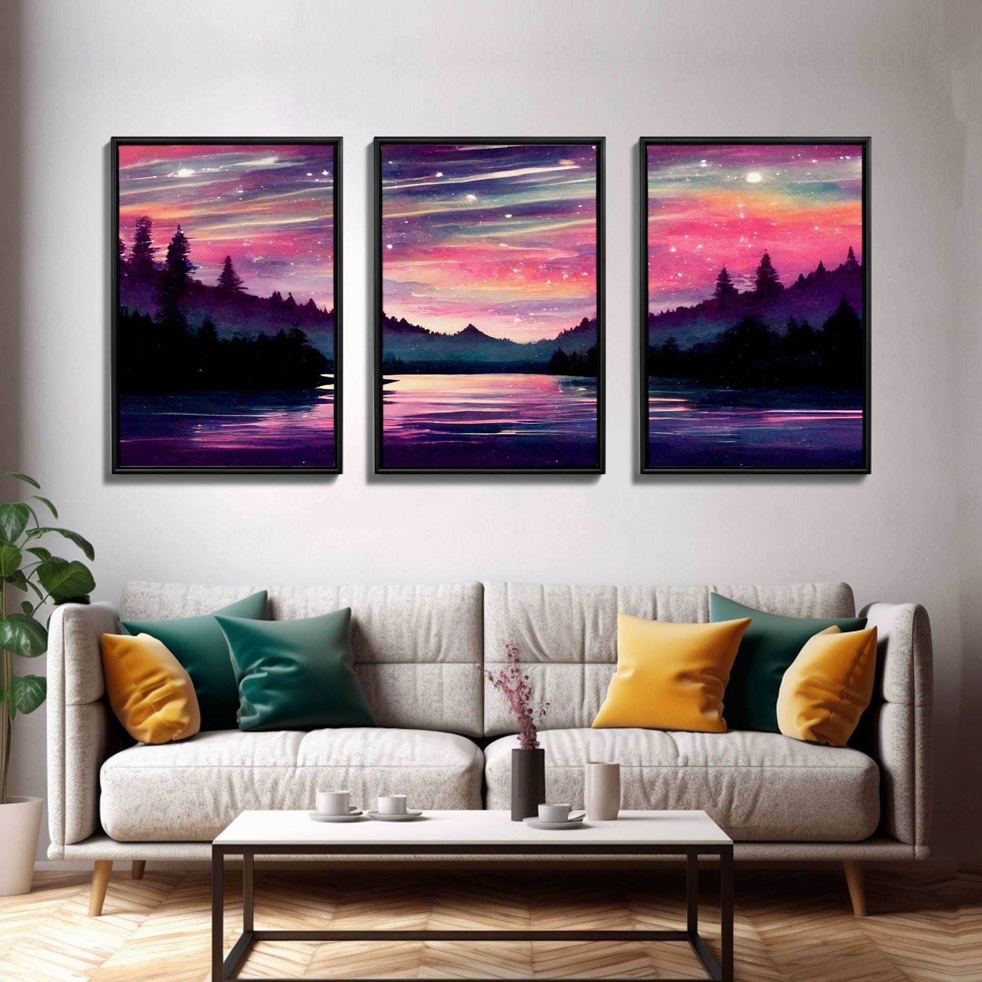 Starry Night Magical Forest Fantasy Landscape, 3 Piece Wall Art, Ready To Hang Canvas Print, Cool Living Room Wall Art Decor - 8x12 In. - 3 Pieces / Stretched Canvas