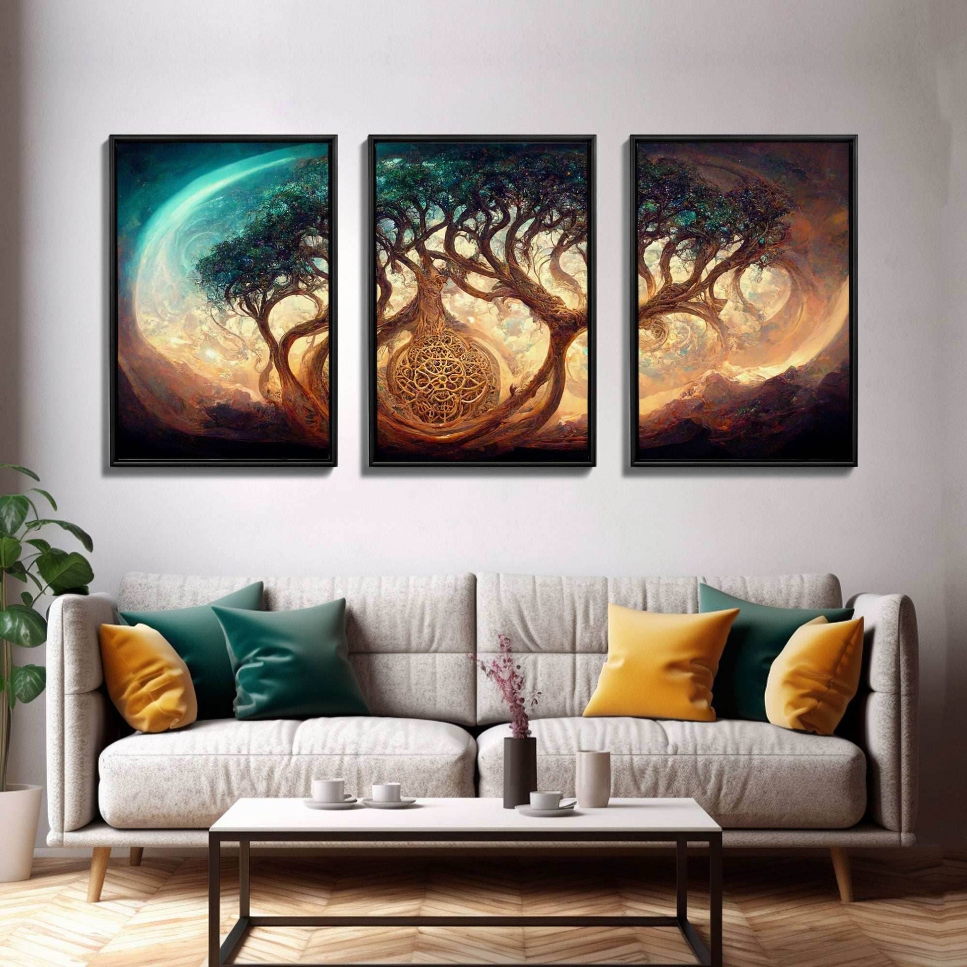 Yggdrasil Tree of Life, Nordic Viking Fantasy Art, Ready To Hang Canvas Print, Cool Living Room Wall Art Decor - 8x12 In. - 3 Pieces / Stretched Canvas