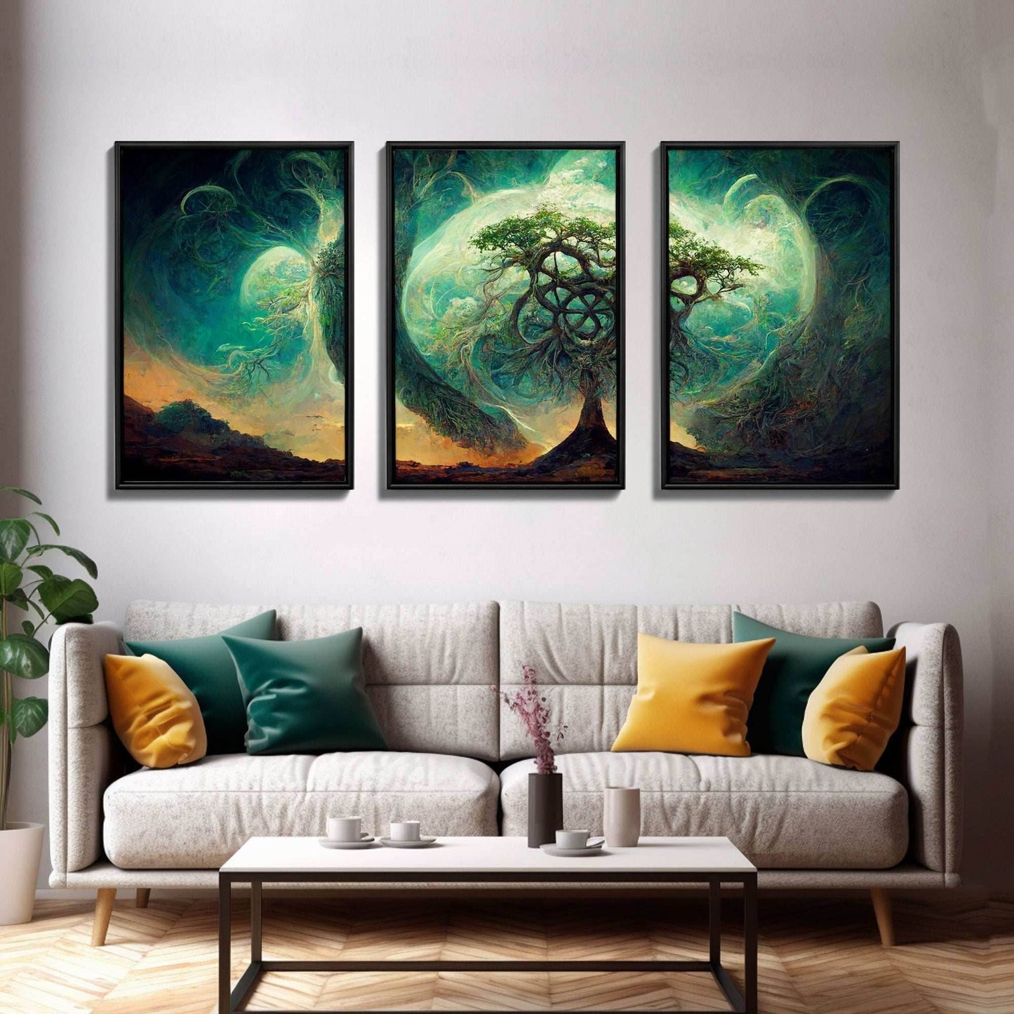 Yggdrasil Tree of Life, Nordic Viking Fantasy Art, Ready To Hang Canvas Print, Cool Living Room Wall Art Decor - 8x12 In. - 3 Pieces / Stretched Canvas