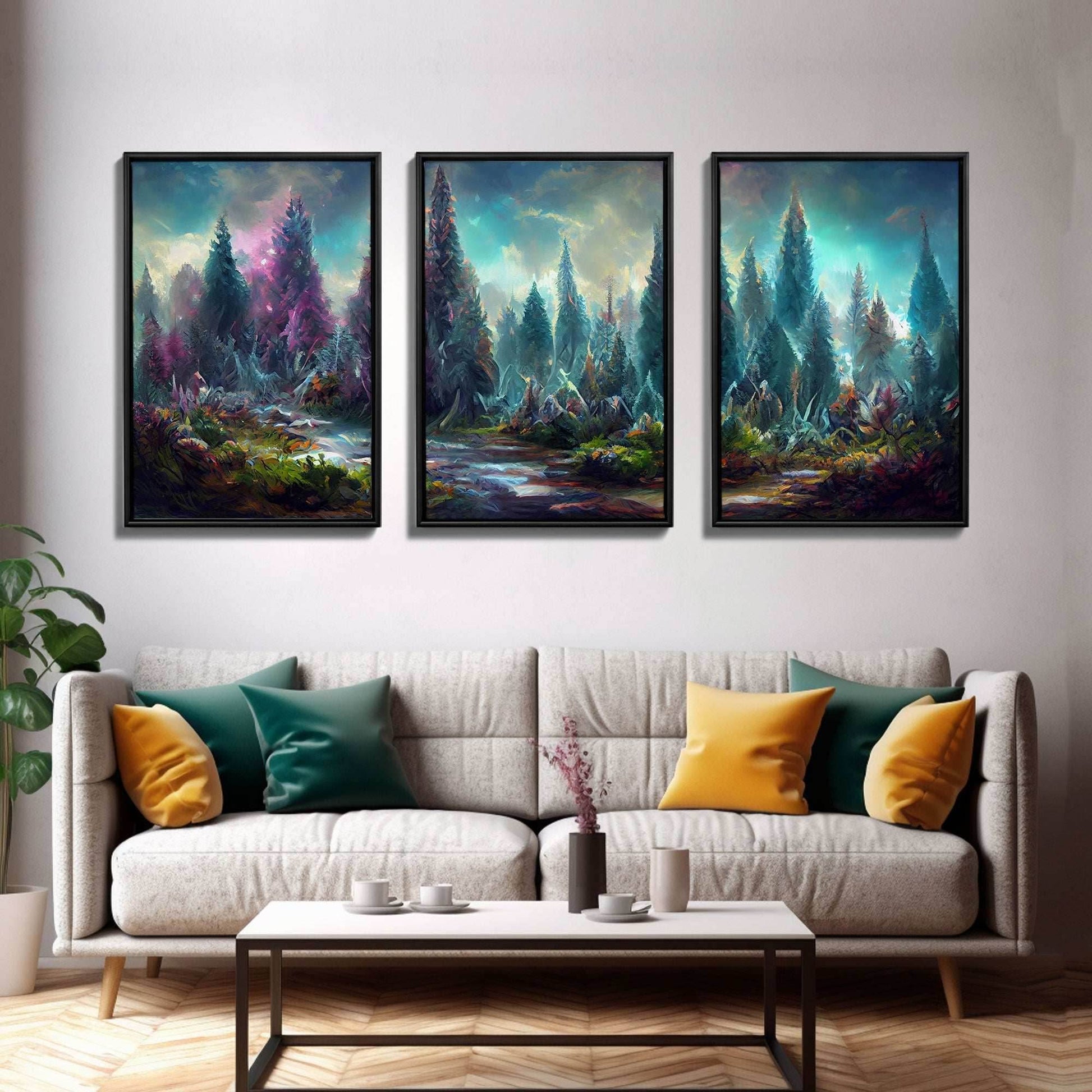 High Fantasy Forest Wall Art, Panoramic Art, Fantasy RPG Concept Art, 3 Piece Wall Art, Ready To Hang Canvas Print - 8x12 In. - 3 Pieces / Stretched Canvas