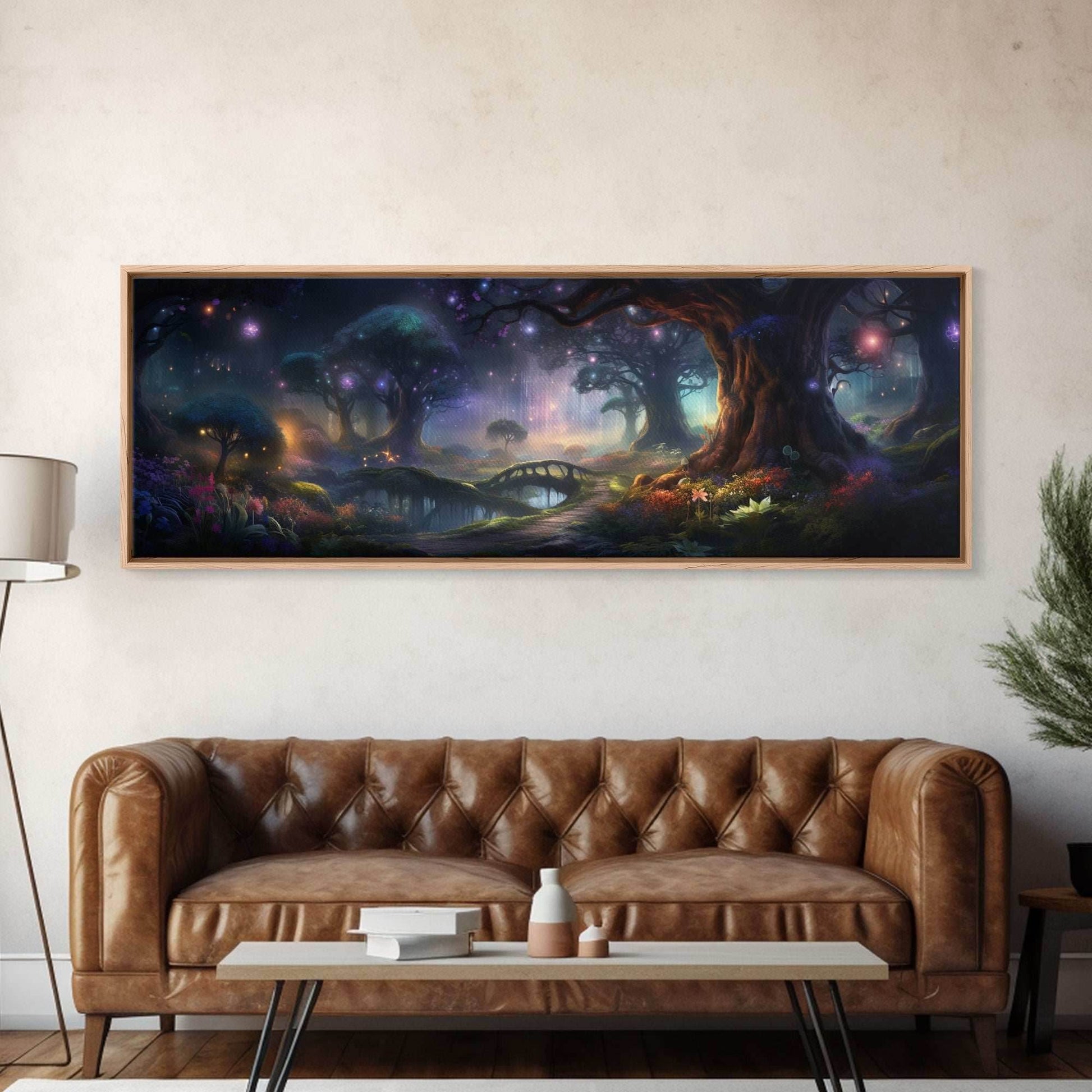 Spiritual Fantasy Forest Wall Art Print, Lanterns and Glowing Trees and Rivers, Fantasy Painting, Living Room Wall Art - 10x30 Inches / Gallery Wrap Canvas - Ready To Hang