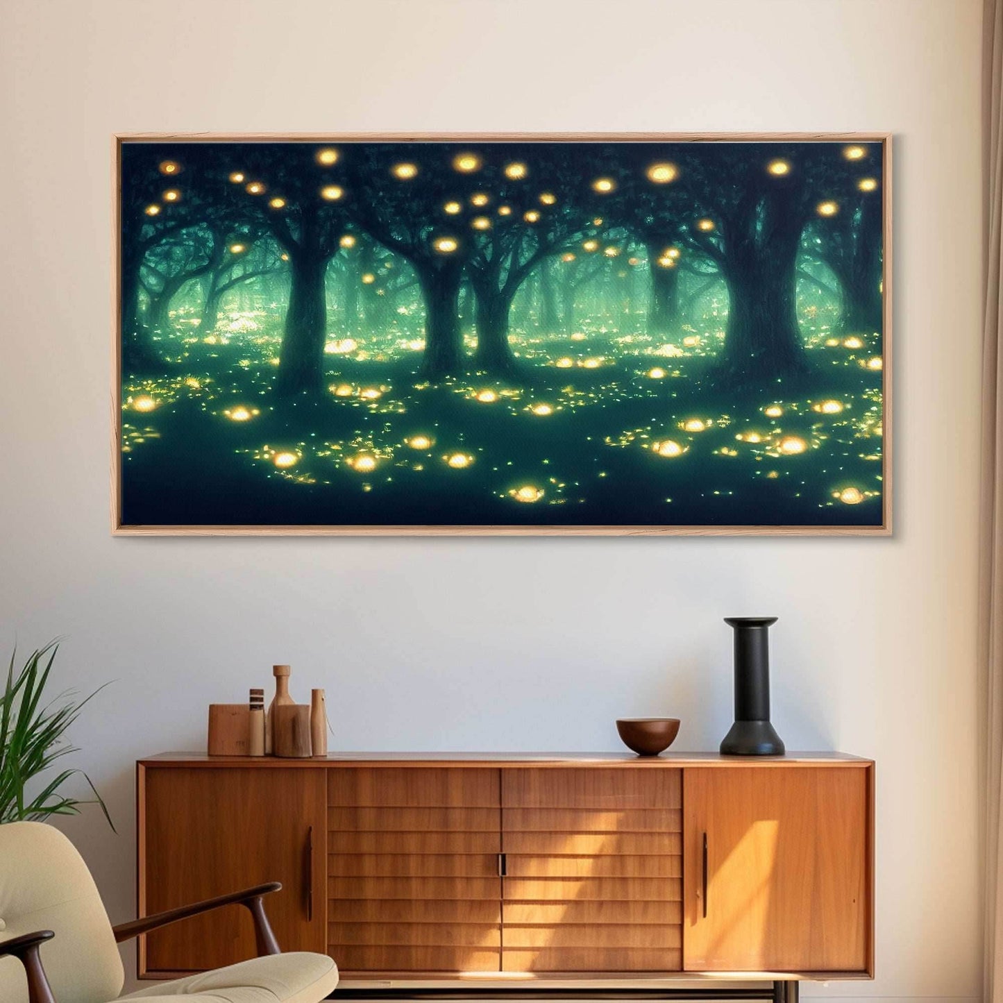 Fireflies At Night In A Fantasy Forest, Framed Ready To Hang Canvas Print, beautiful wall art, guest room decor - 10x20 Inches / Gallery Wrap Canvas - Ready To Hang