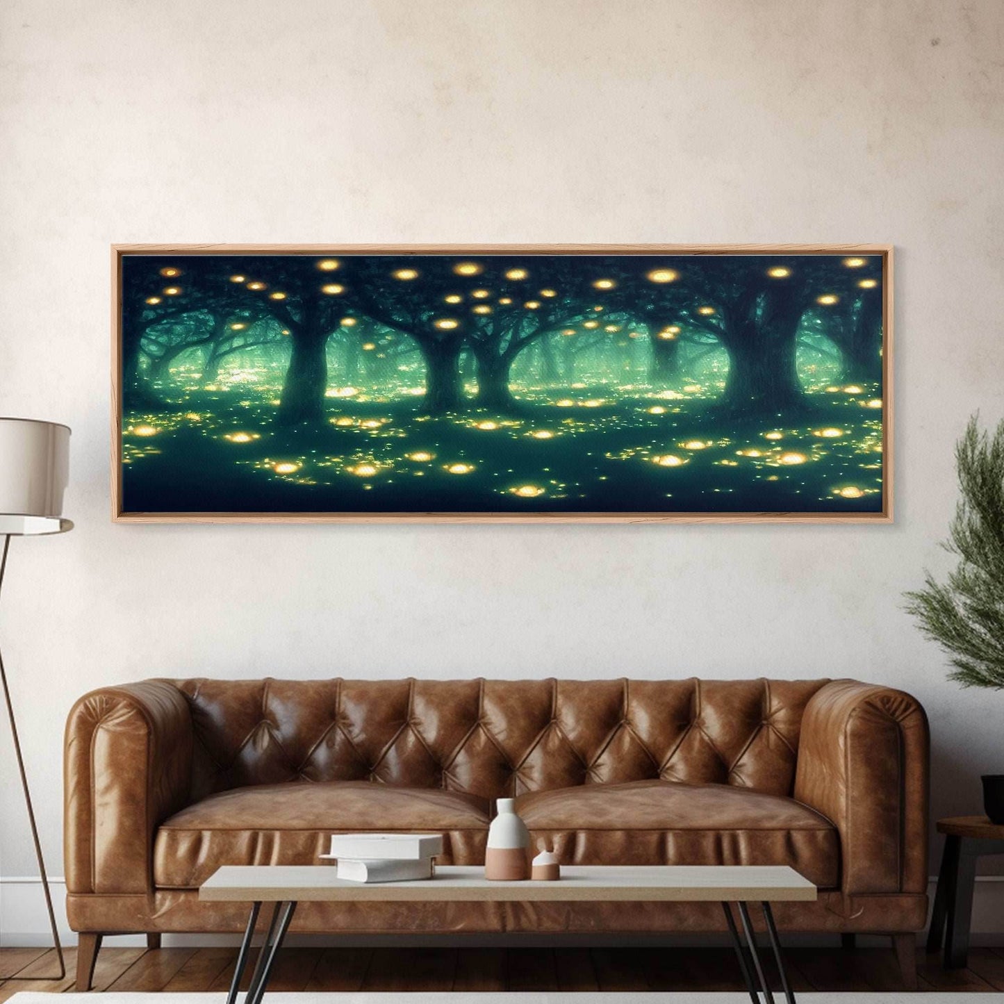 Fantasy Forest At Night With Fireflies, Extra Large Wall Art, Framed Panoramic Canvas Print, Framed Wall Art - 10x30 Inches / Gallery Wrap Canvas - Ready To Hang