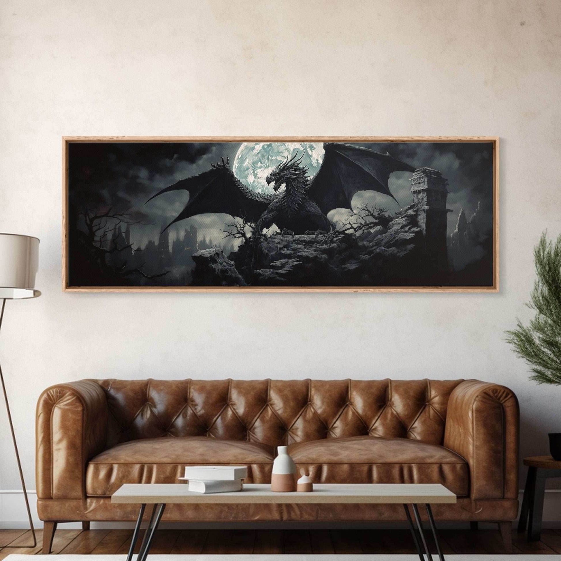 The Dragon, Framed Canvas Print, Panoramic Fantasy Painting, Fantasy Decor, Dragon Art, Dragon Painting, Dragon art print - 10x30 Inches / Gallery Wrap Canvas - Ready To Hang
