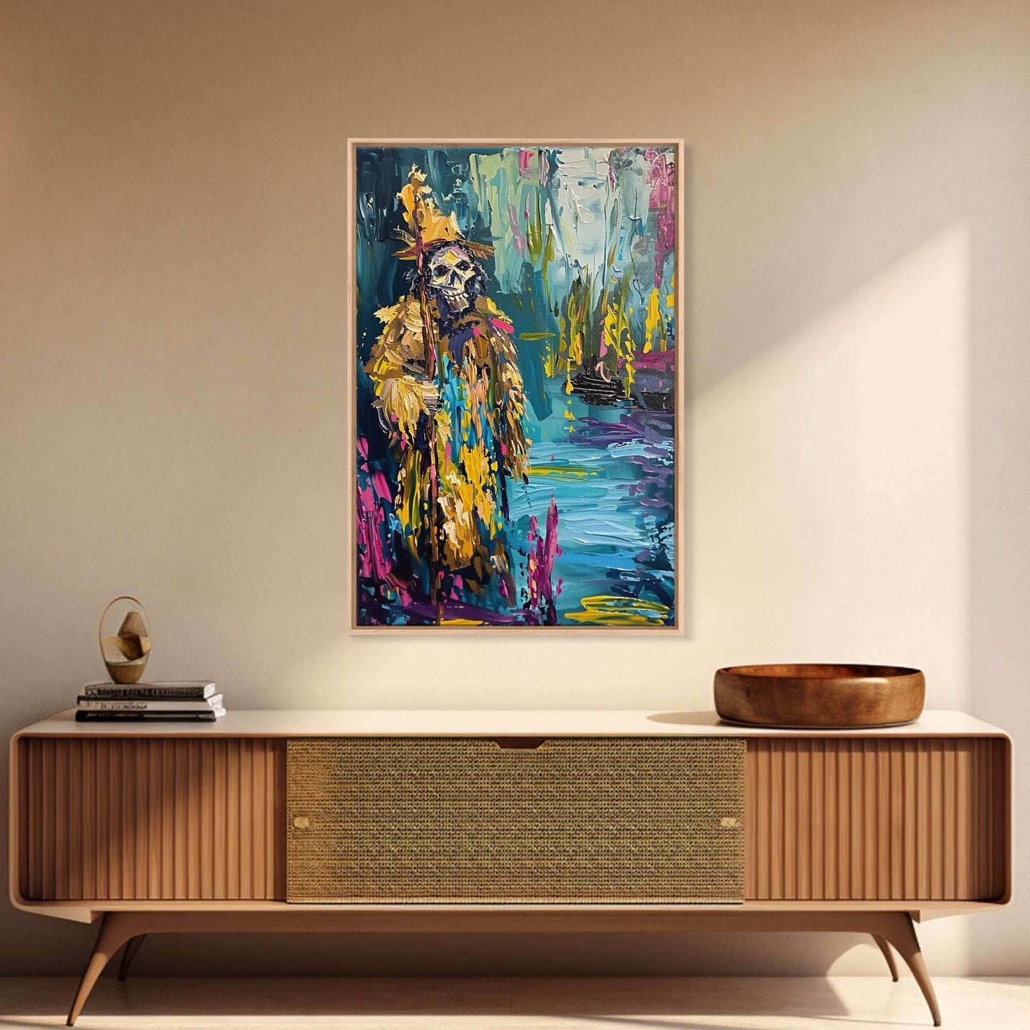 Halloween Skeleton Wizard, Framed Canvas Print, Wall Art, Home Decor, Spooky Artwork, Witchcraft Decor, Fantasy Art, Holiday Decor - 8x12 Inches / Gallery Wrap Canvas - Ready To Hang