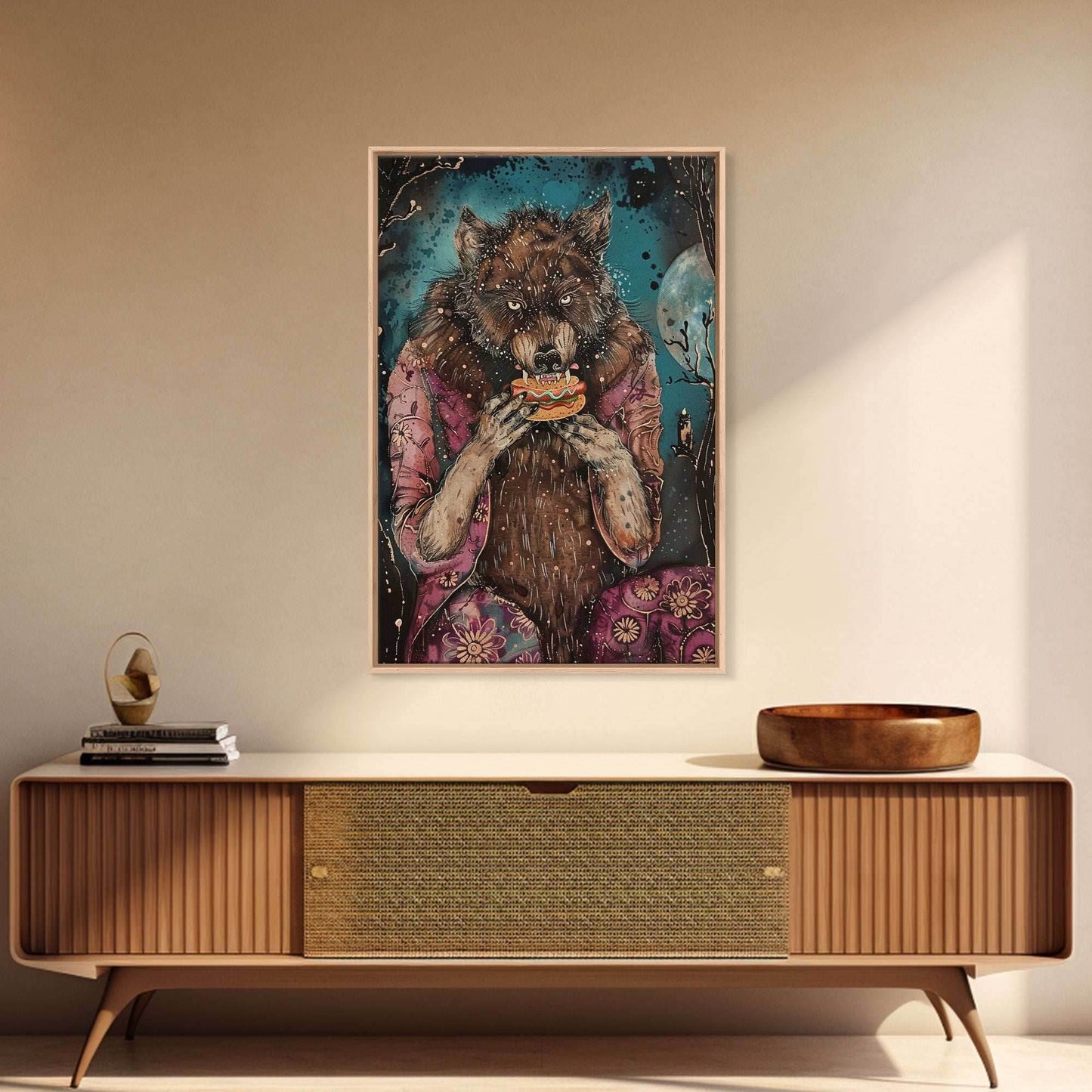 Halloween Werewolf Enjoying Hotdog, Framed Canvas Print, Wall Art, Home Decor, Spooky Artwork, Fantasy Decor, Halloween Decor, Holiday Gift - 8x12 Inches / Gallery Wrap Canvas - Ready To Hang