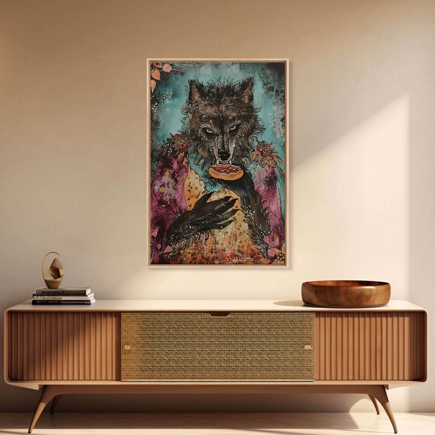 Halloween Werewolf Holding Hotdog, Framed Canvas Print, Wall Art, Home Decor, Spooky Artwork, Fantasy Decor, Halloween Decor - 8x12 Inches / Gallery Wrap Canvas - Ready To Hang